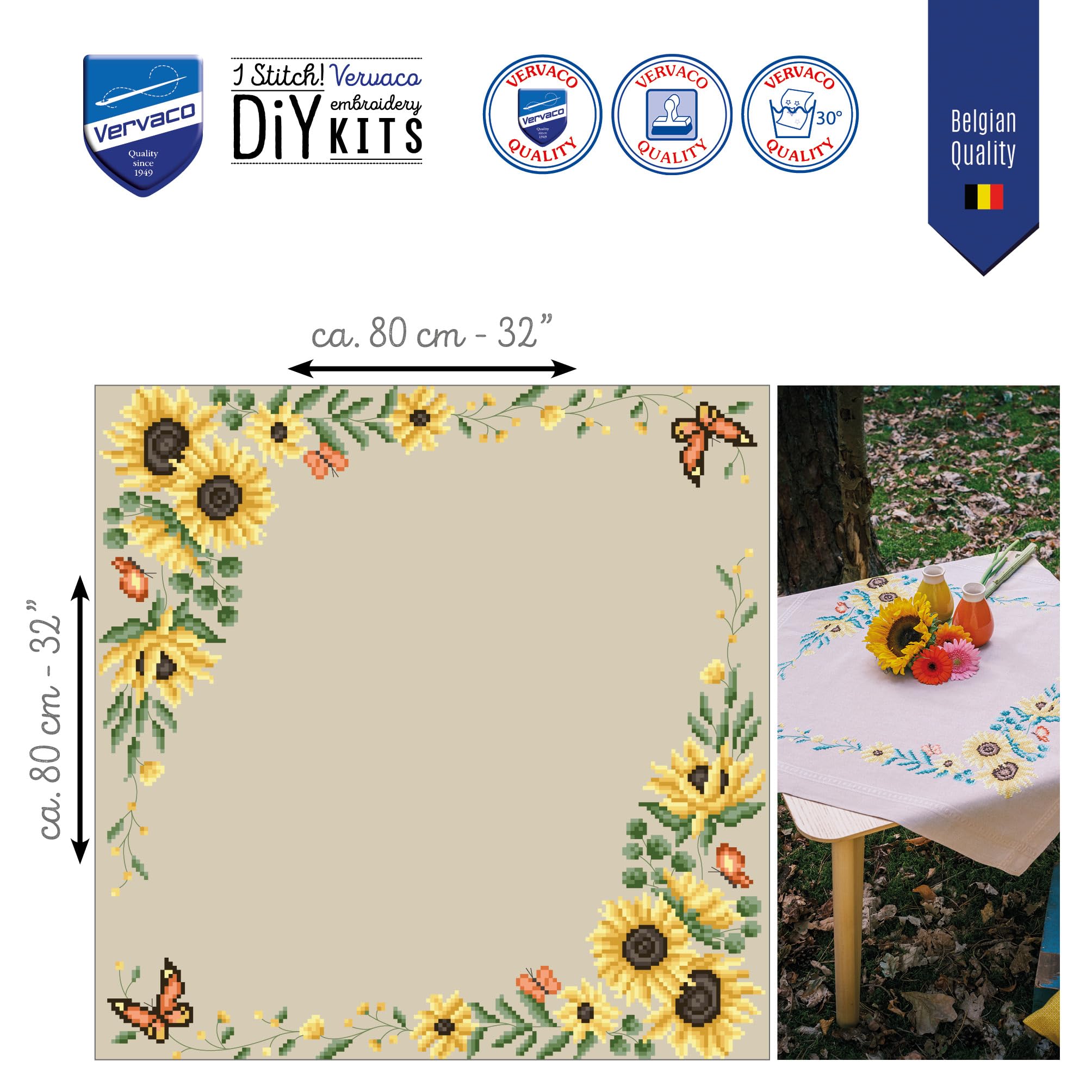 Vervaco Mantel Para Bordar Punto De Cruz Completo Bordado Tela Impresa GIRASOLES Decoracion Para Manualidades DIY Adultos Set Ocio Creativo Regalo 80 x 80 cm Cross Stitch Embroidery