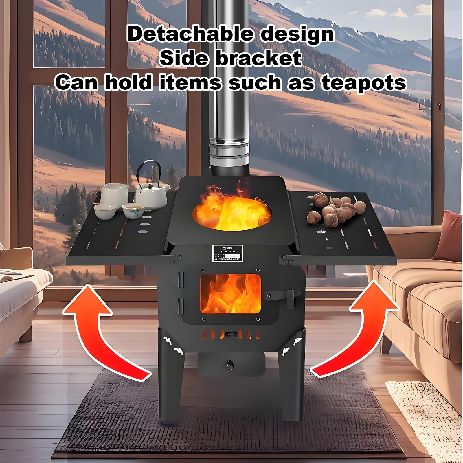 Stufa a Legna Portatile in Ghisa Riscaldatore in Acciaio al Manganese Ispessito con Finestra, Ripiani Doppi Rimovibili per Casa e Campeggio(50cm)