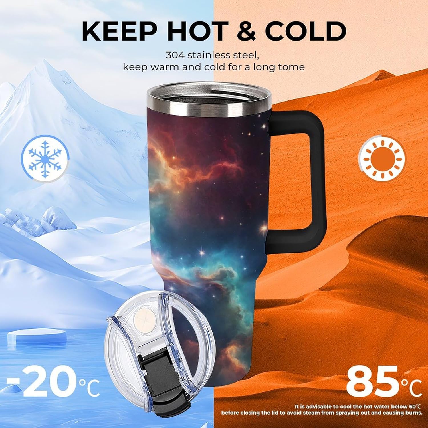40oz Insulated Stainless Steel Tumbler with Handle, Galaxy Space Nebula Leakproof Water Bottles Travel Mug with Lid And Straw for Water, Iced Tea Or Coffee for Most Car Cup Holder