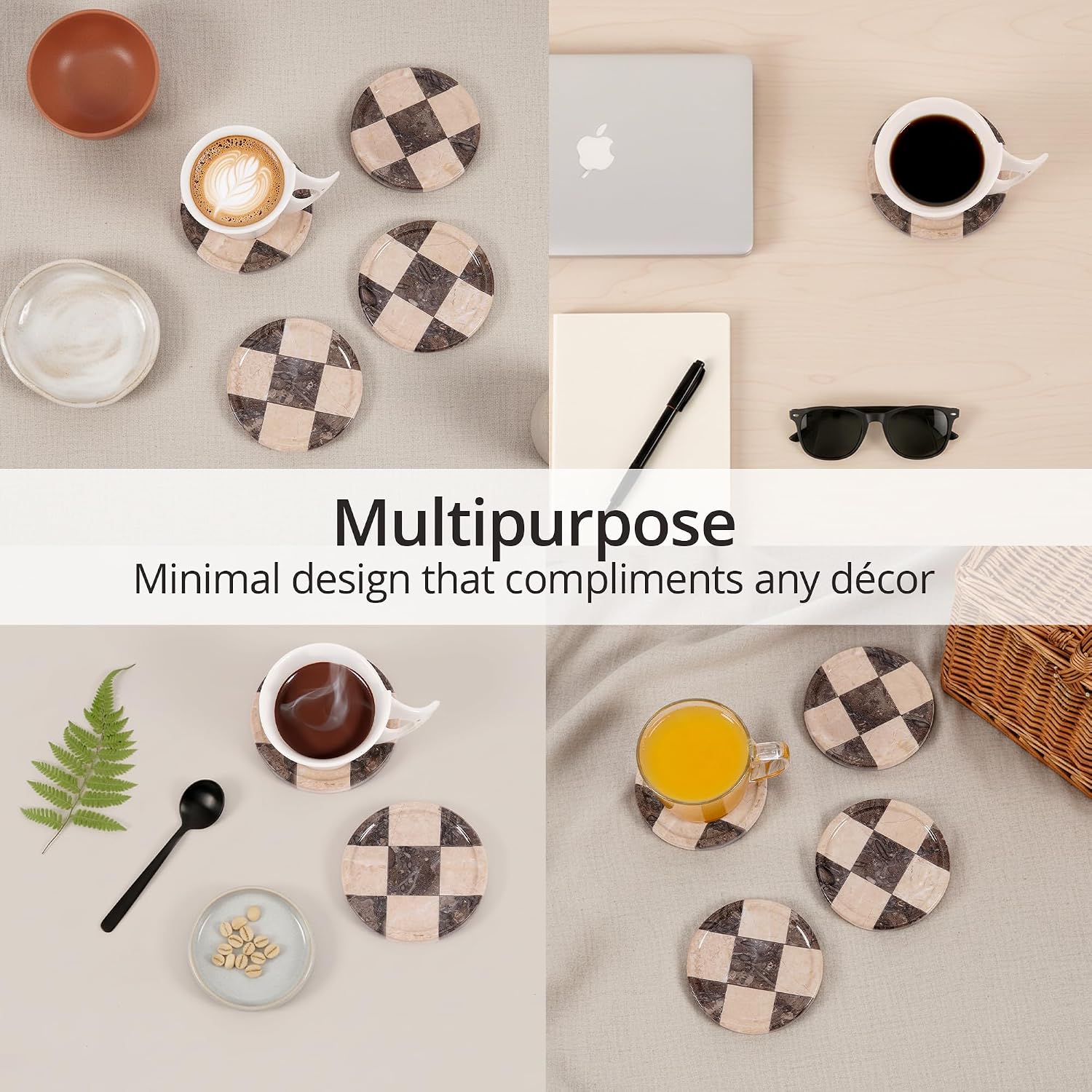 Marble Coasters Set of 4, Oceanic & Verona Handmade 4 inch Round Stone Coaster, Decorative Cup Coaster Plates for Dining Table, Housewarming Gift & Luxury Kitchen Accessories