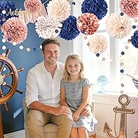 Vista 3 de AOBKIAT Juego de decoraciones de fiesta de oro rosa y azul marino, pompones de papel de seda, guirnalda de papel para compromiso y aniversario