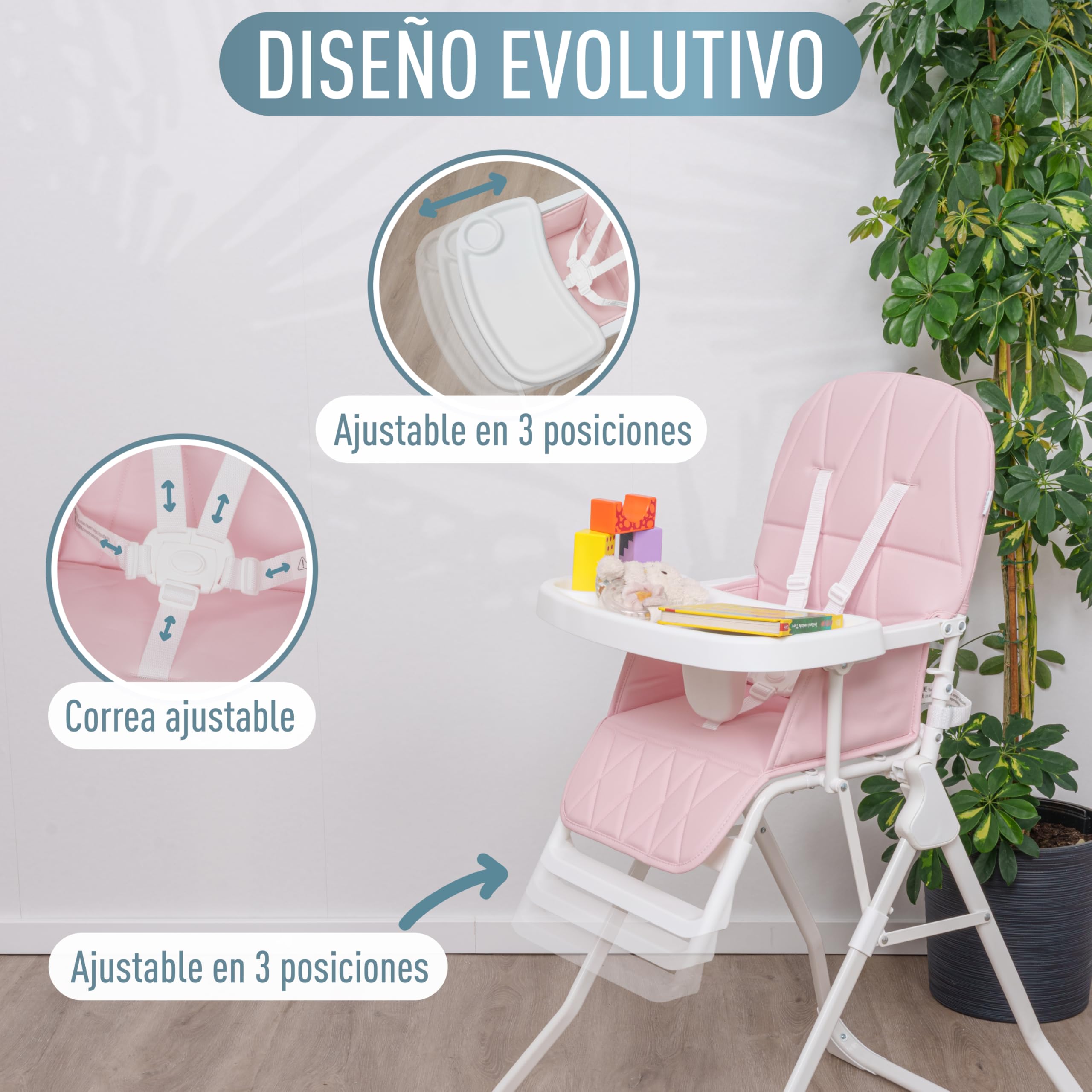 IB STYLE Trona Bebé Leno - Silla de Comer Plegable y Ahorra Espacio, Evolutiva con Bandeja y Reposapiés, Arnés de 5 Puntos, Asiento Acolchado, Fácil de Limpiar, de 6 Meses a 3 Años (15 kg), Rosa