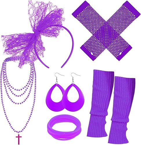 Blulu 6 piezas de accesorios de los años 80 para mujer, vestido de disfraz de neón, diadema, aretes, guantes de red, collar, pulsera, calentadores