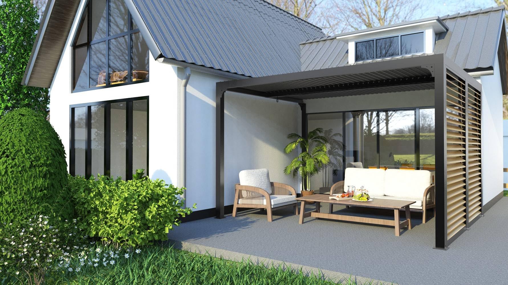 Pergola bioclimatique Habrita Foresta PER3630VBBI 10,80m2 Gris Anthracite avec ventelles latérales alu Mobiles Imitation Bois pour côté 3m