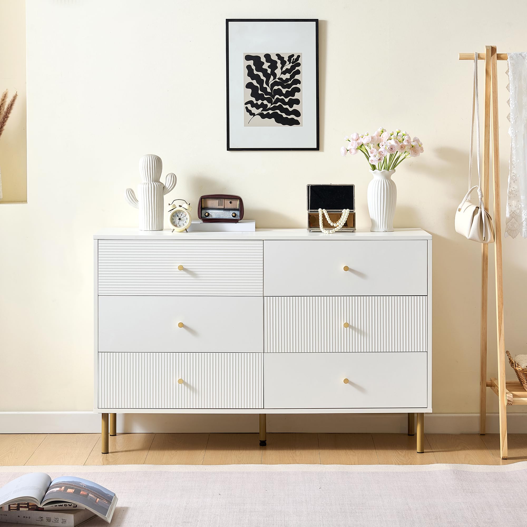 BTM Modernes 6-Schubladen-Kommode, Weiße Aufbewahrungs-Kommode mit Zinklegierung-Griffen & Stahlbeinen, 120×40×78cm MDF-Schrank für Schlafzimmer, Wohnzimmer, Eingangsbereich