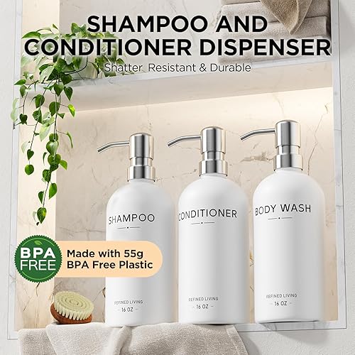 Miniatura 2 de Juego de dispensador de champú y acondicionador, 3 botellas recargables de 16 onzas con bombas de acero inoxidable Dispensadores de jabón de ducha