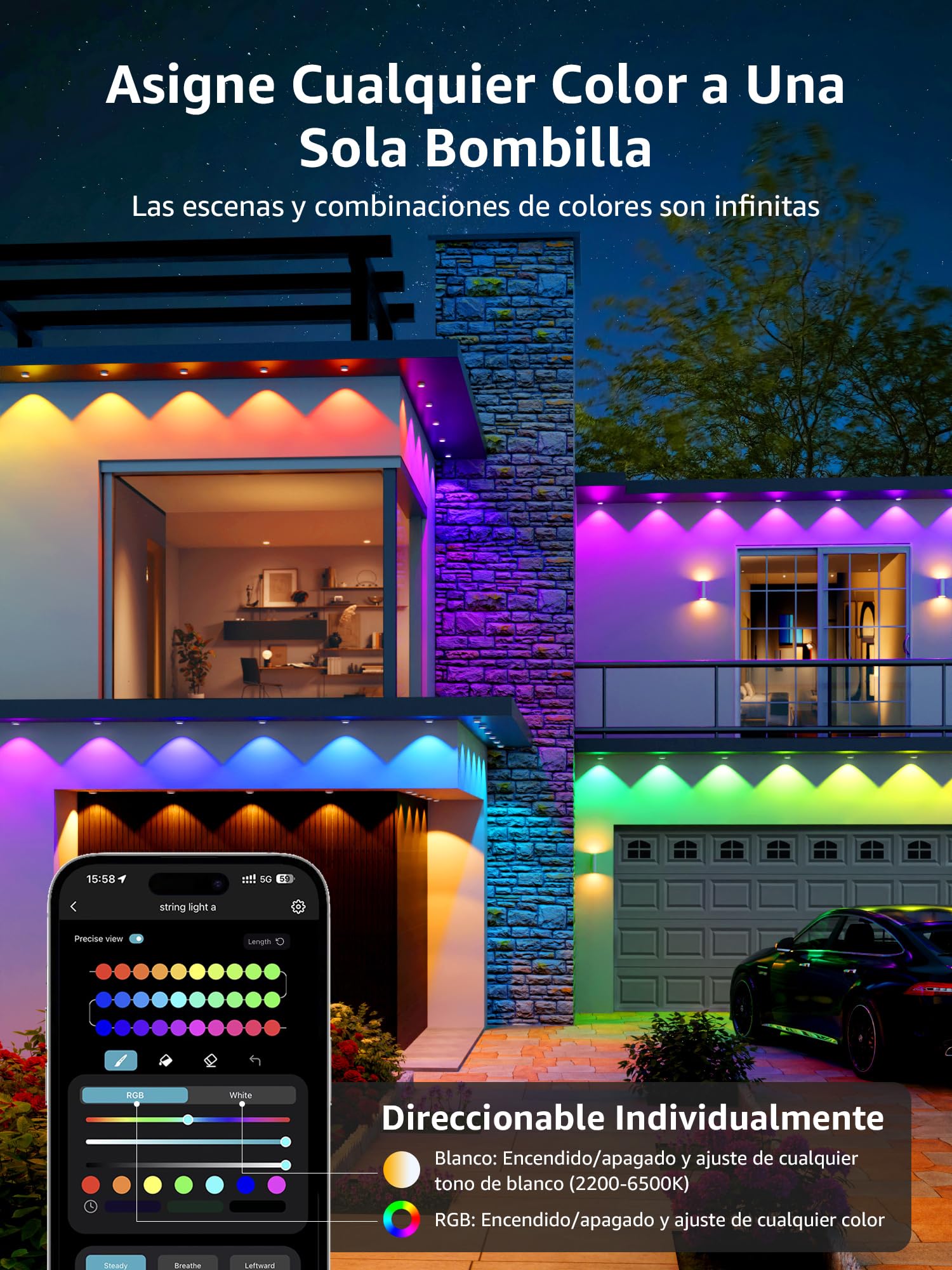 Lepro E1 Exteriores Inteligentes para Aleros, 30m 60 LEDs, Luces Ajustable | AI Permanent Outdoor Lights, IP65, RGB IC & Diseñador de Iluminación AI Personalizado, Compatible con Alexa/Google Assistant
