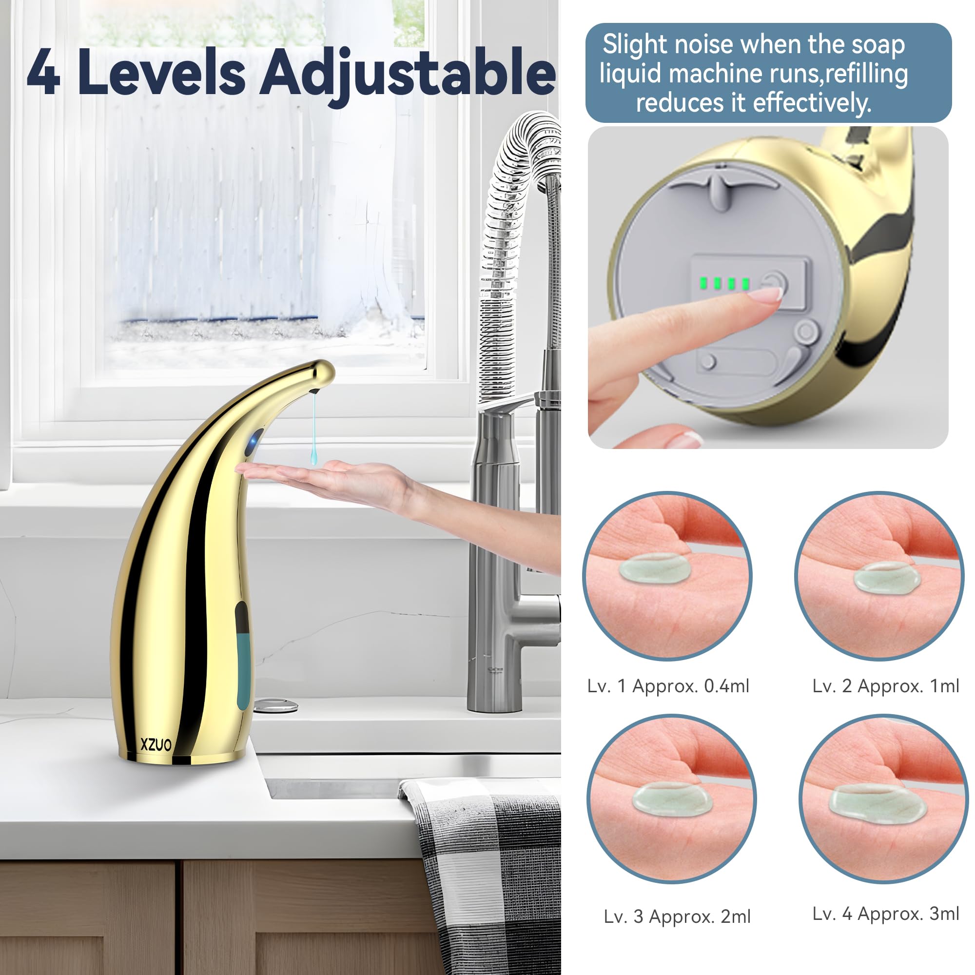 Dispenser di sapone automatico ricaricabile, senza contatto, dispenser per sapone da bagno, 4 regolabili, da cucina (oro)