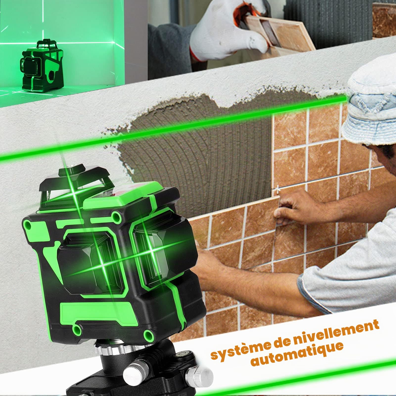 Niveau Laser Vert Autonivelant 3x360°, Rotatif 3D 12 Lignes Autonivellement Niveau Laser avec 2 Pcs Batterie, Hauteurs Réglable Barre D'extension Trépied