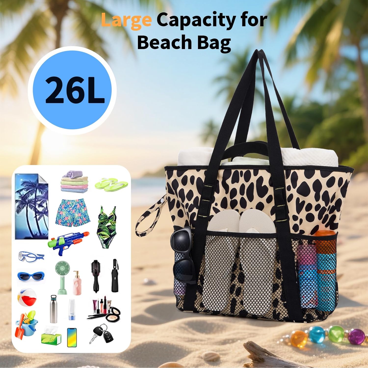 Leopard Print Beach Bag for Women, 26 L Waterproof Foldable Mesh Tote with 8 Pockets for Travel Pool Picnic.