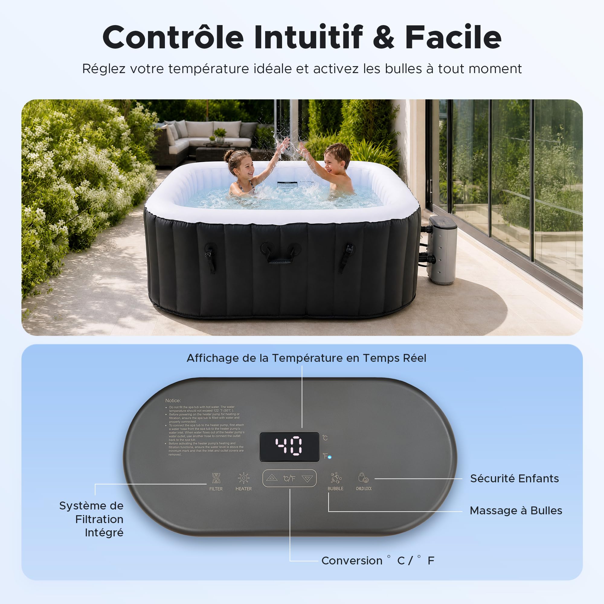 CO-Z Spa Gonflable 4-6 Personnes Carré 1,8m, Bain à Remous Gonflable Extérieur avec 94 Jets de Massage, Chauffage Rapide, Pompe & Couverture, Périphérie de Jardin Terrasse - Noir