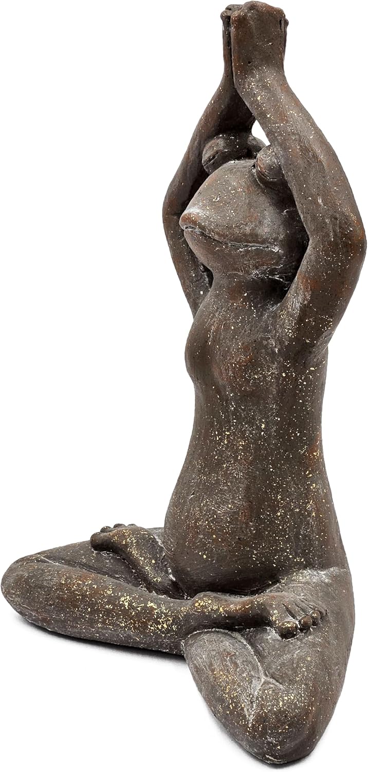 15” Tall Textured Brown Yoga Frog Figurine with Gold Accents, Decorative Magnesium Sculpture in Namaste Pose, for Tabletop, Mantel, Centerpiece Accent Display
