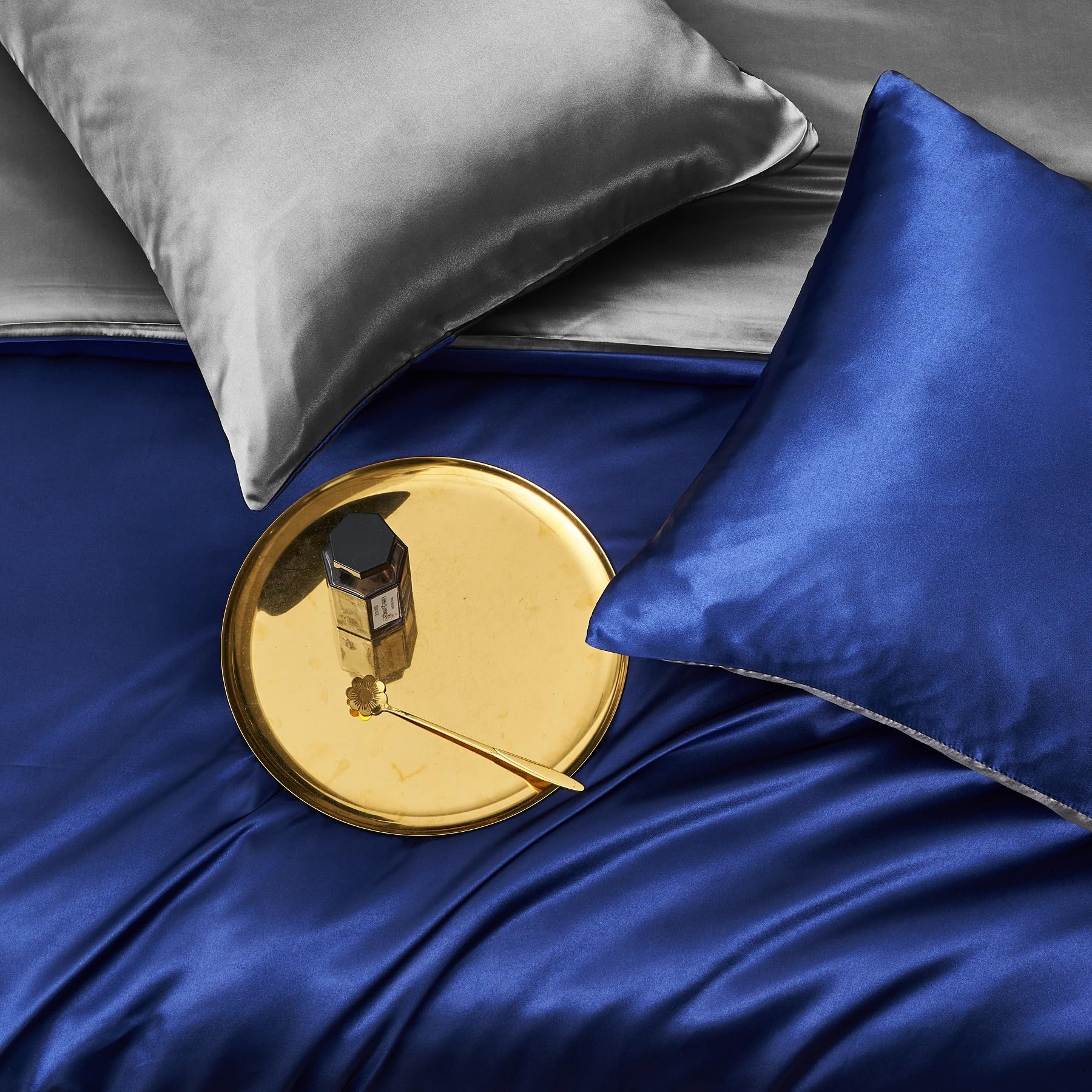 Parure de lit en satin 200x220 Bleu foncé gris Wendebettwäsche Deluxe soie satin lisse brillant doux satin 3 pièces avec fermeture éclair et 2 taies d'oreiller 80x80 cm