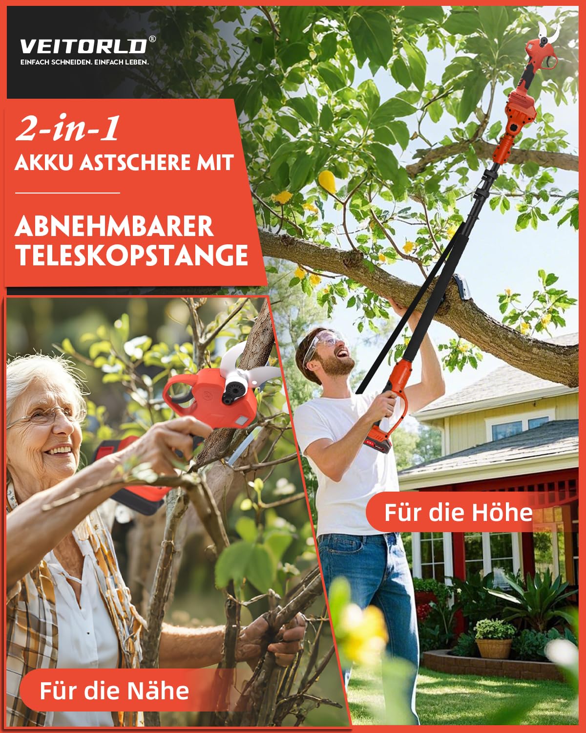 Veitorld Astschere Teleskop, 40MM Akku Gartenschere mit Abnehmbaren Teleskopstange (130-245 cm), Bürstenloser Motor Bypass Baumschere mit 2 Akku 2000mAh für Äste, Geschenke für Männer Frauen