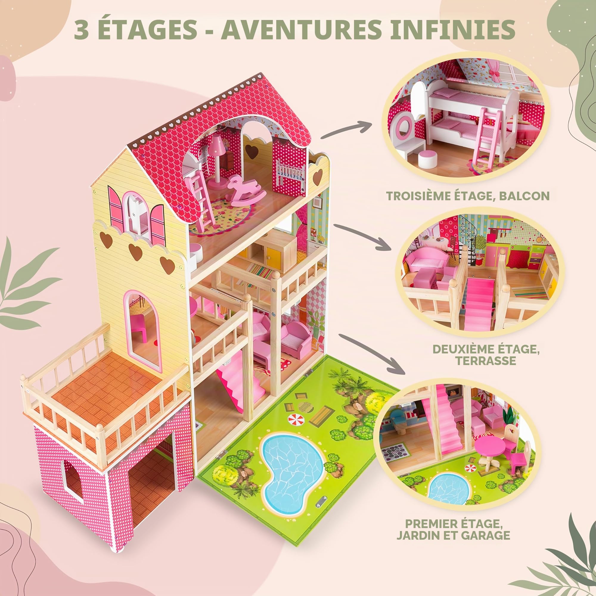 Green Series Kinderplay Maison de Poupée en Bois - Grande Maison de Poupée XXL pour Enfants dès 3 Ans | Maison Bois Idéal pour Filles et Garçons 3 Étages, Lumières LED Accessoires Inclus Maison Poupee