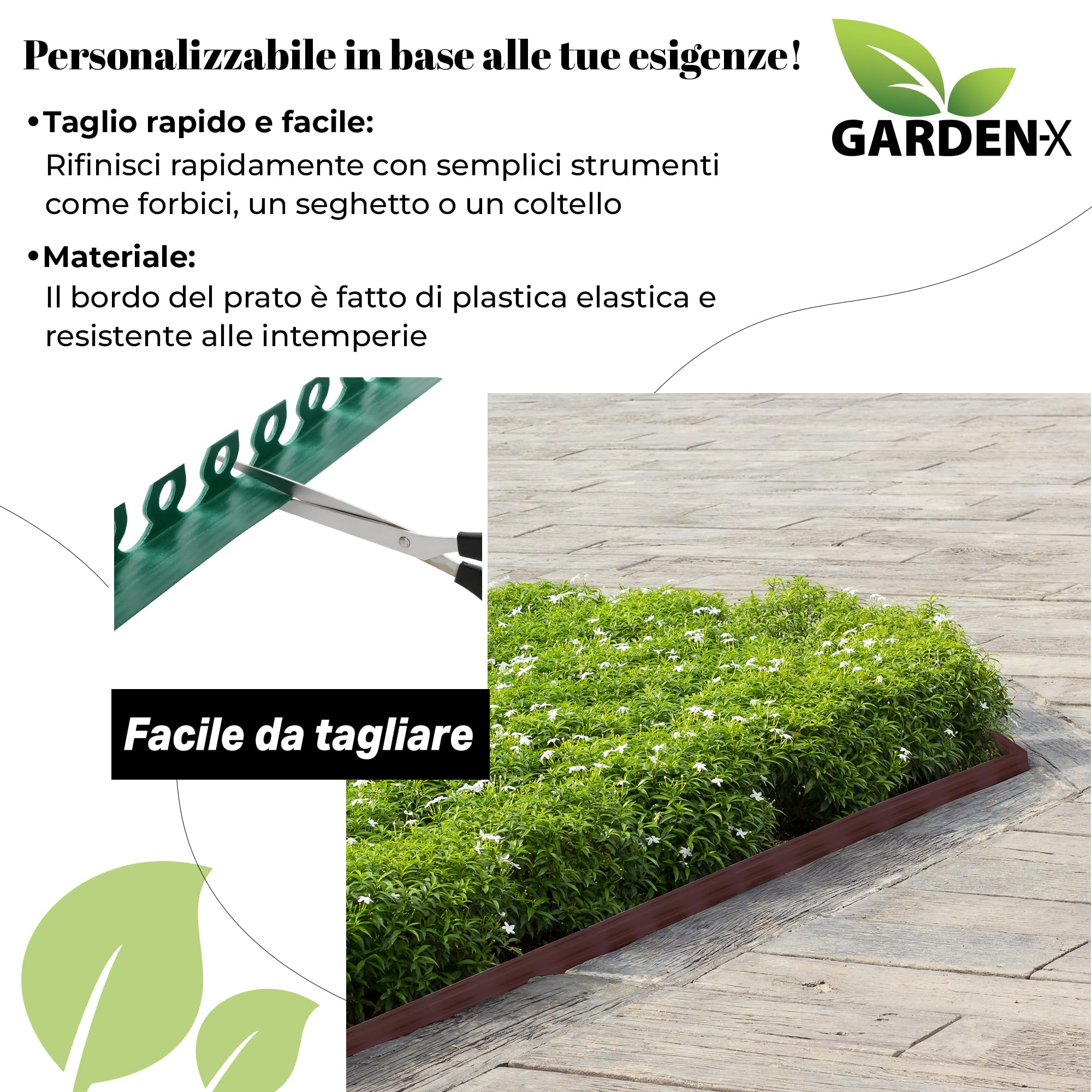 GARDENIX Bordo flessibile per prato, in plastica, resistente alle intemperie, rotondo, per aiuole, 10 m, 20 ancore, altezza 10 cm, per giardini e robot tosaerba