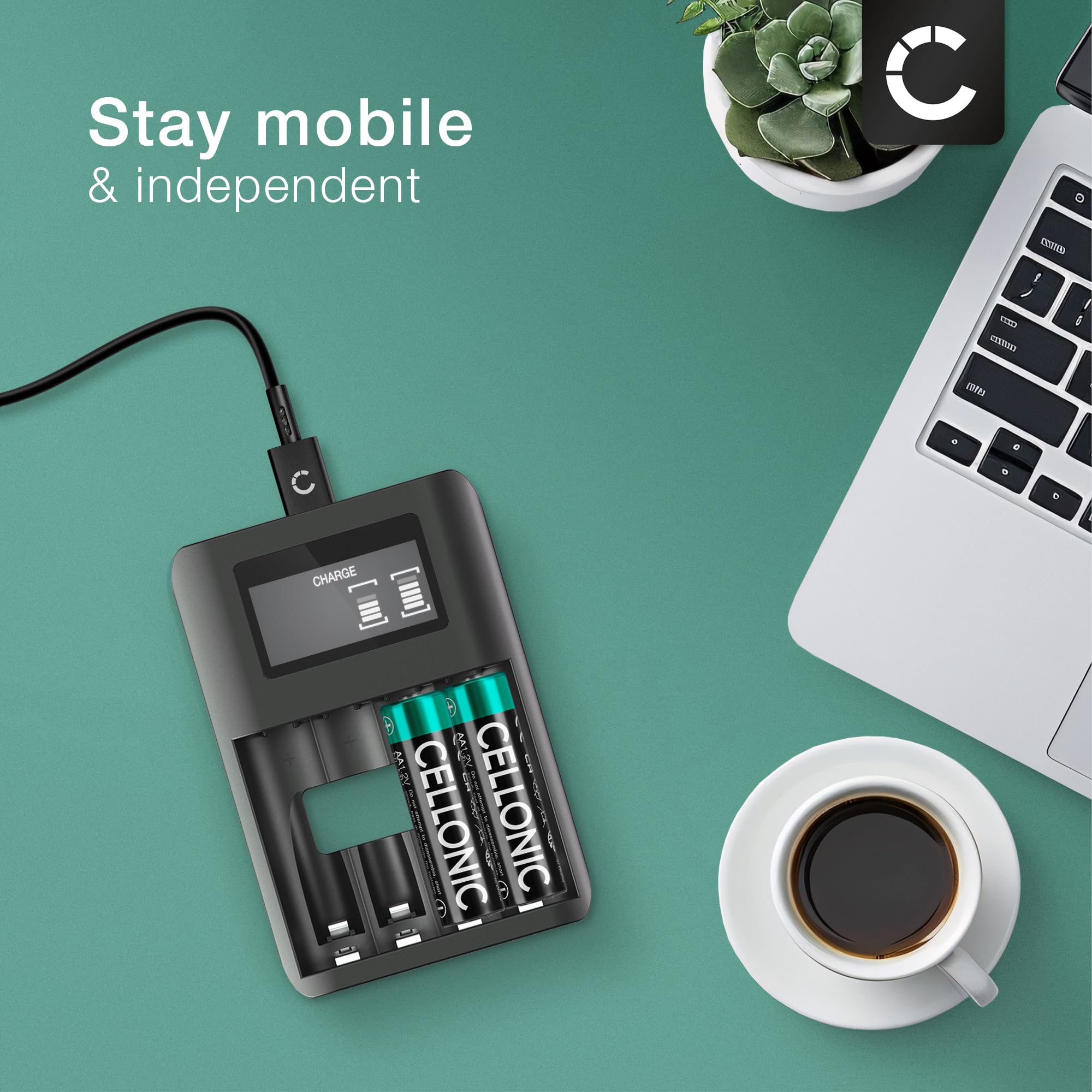 CELLONIC Chargeur de Piles AA AAA USB + 4X Batterie Rechargeable AA 2600mAh LR6, Chargeur AAA AA USB avec 4 Compartiments et Affichage, Chargeur Rapide Chargeur Piles 1.2V Battery Charger LR03 LR6