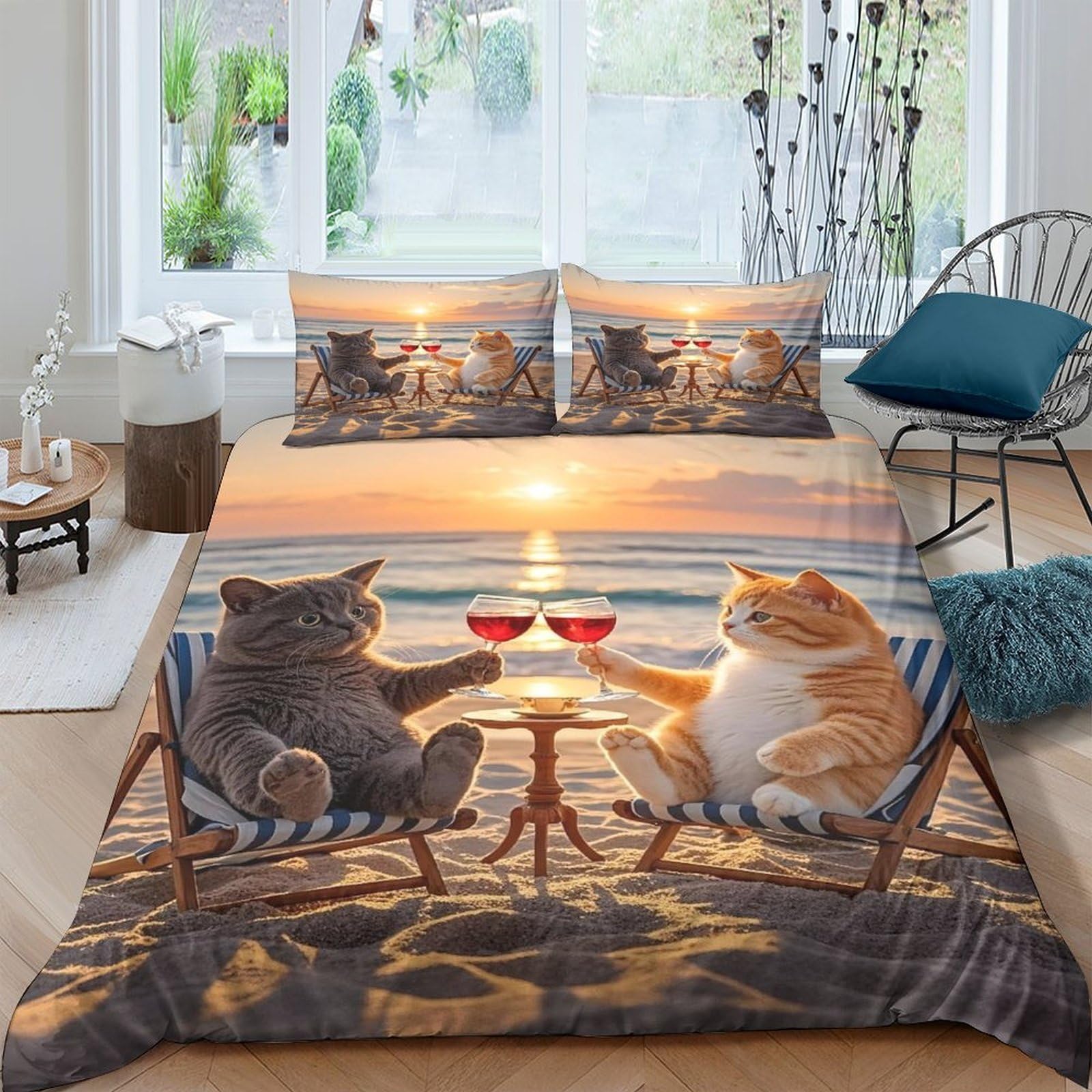 Ctjqhvkz Style-4 3D Printed Sunset Beach Cat Fitted Sheet Microfiber Soft Decorative Wine Glass Mattress Cover For Bedroom Guest Room Single（135X200cm）