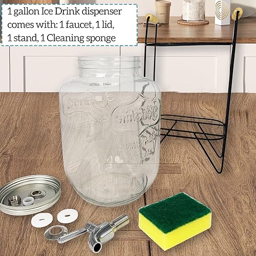 Miniatura 7 de Tfwadmx Dispensador de bebidas de vidrio de 1 galón con soporte, grifo de acero inoxidable a prueba de fugas, boca ancha, estilo tarro masón,