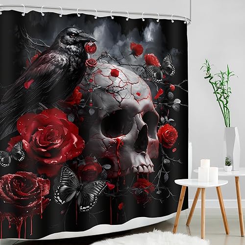 Miniatura 55 de Cortina de ducha con diseño de calavera negra y morado, de 60 pulgadas de ancho x 72 pulgadas de alto, esqueleto gótico gótico, polilla cruzada, C