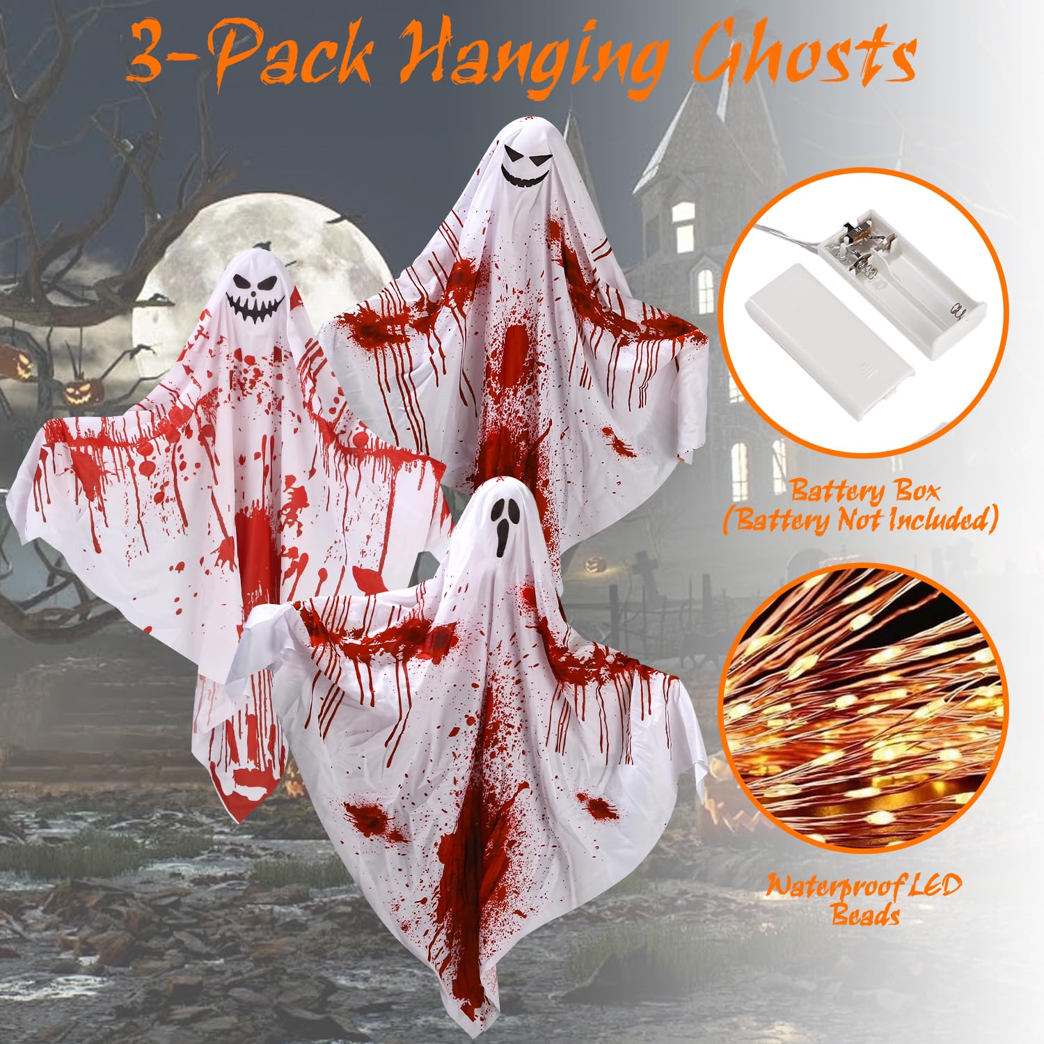 2 Stück Halloween Hänge Geist Mit LED Lichtern, Gruselige Windsack, Hängende Dekorationen für Vorgarten, Terrasse, Rasen, Garten, Partydekor