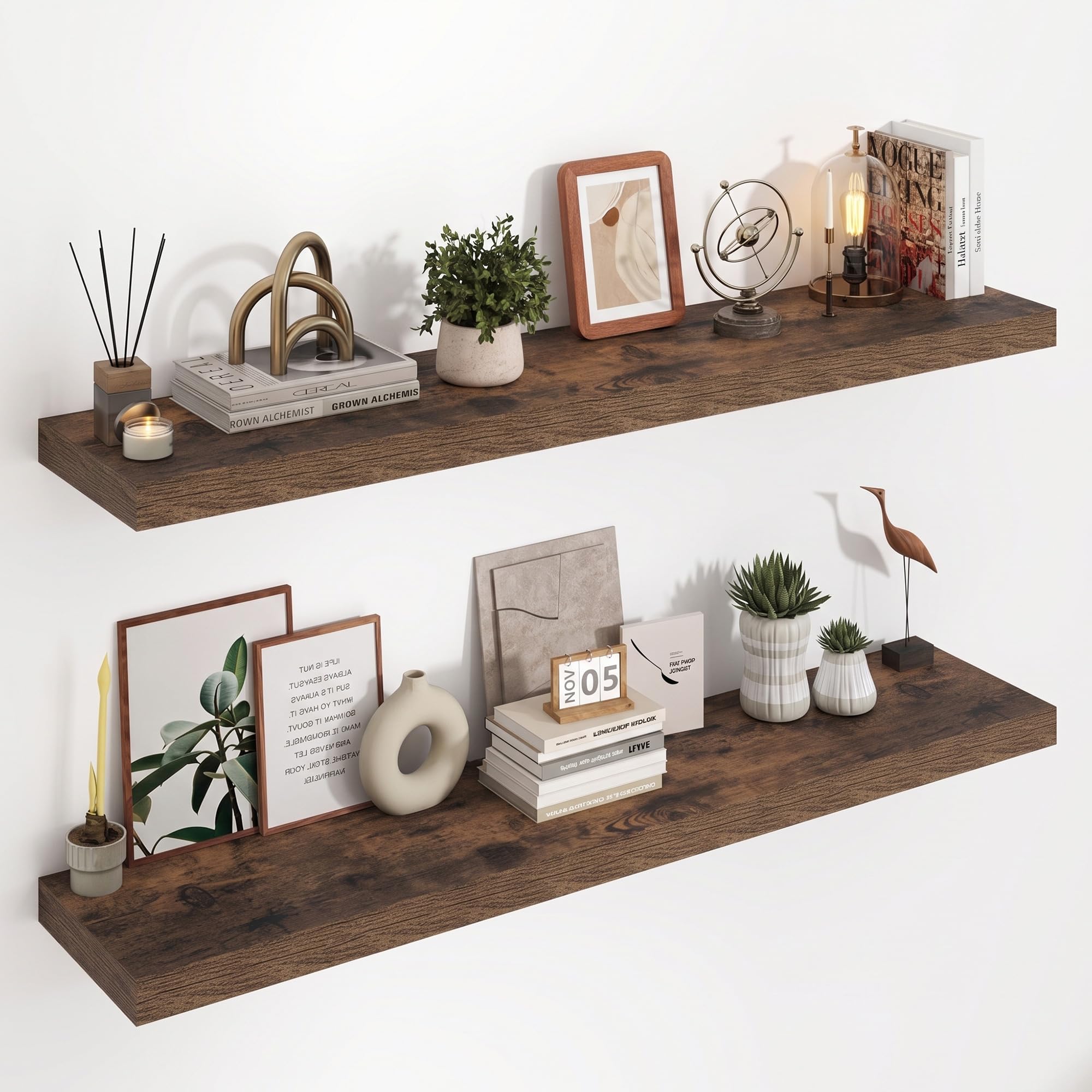 Acovy Floating Shelves for Wall, 23.5cm Extra Deep 120cm Long Wooden Wall Mounted Shelf, Wall Shelves for Living Room Bathroom Bedroom Kitchen, Vintage Brown, Set of 2