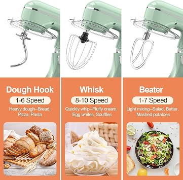 CEBORY 3-IN-1 Electric Stand Mixer, 6.5QT Bowl 660W 10-Speed Kitchen Mixer, Household Food Mixers include Dough Hook, Beater and Whisk, Bread Cake Mixer for Baking and Most Home Cooks, Agave Green