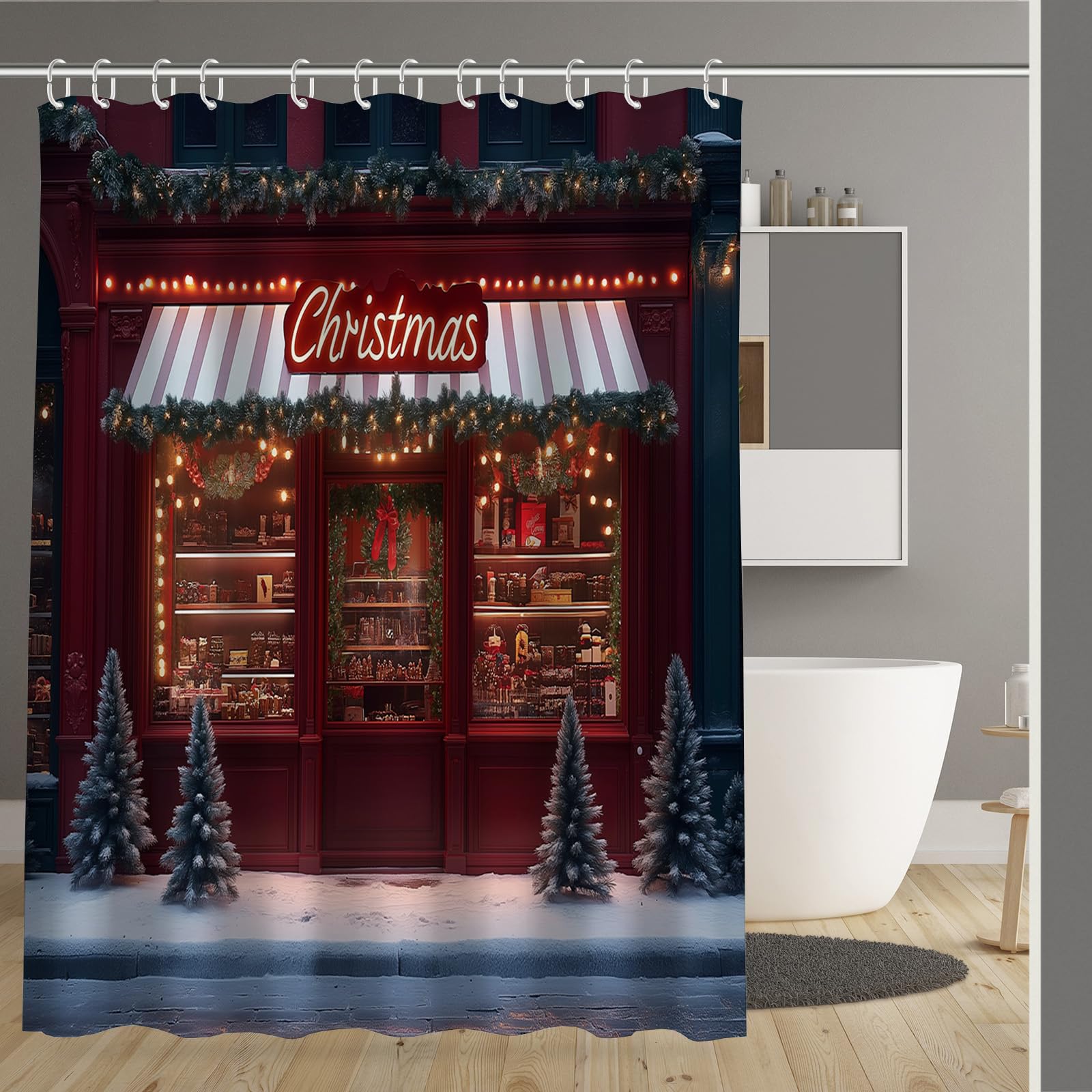 Rideau de douche 180x200cm chocolat de Noël en polyester avec 12 crochets