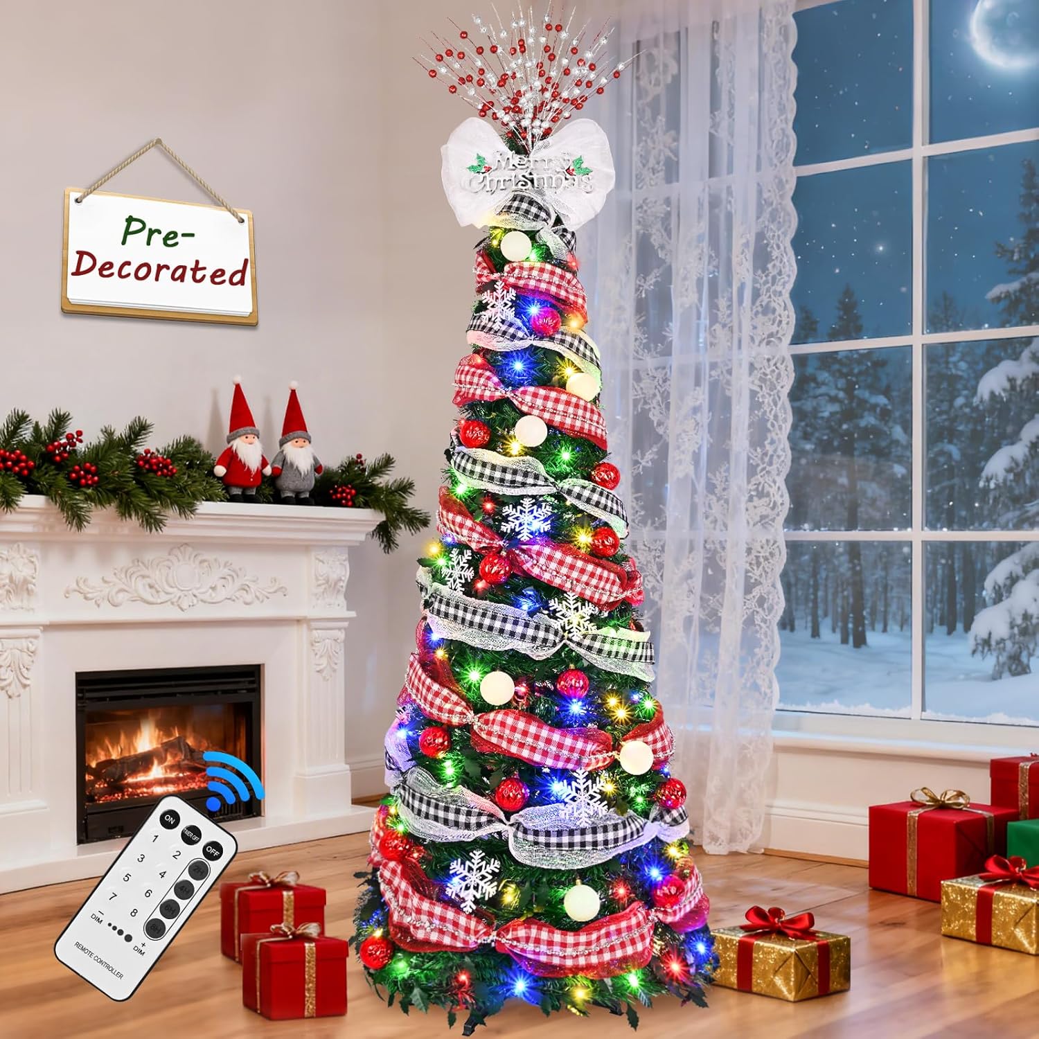Livole 6FT Predecorated Pop Up Christmas Tree with 200 LED Lights Remote Control, Easy Collapsible Artificial Christmas Tree with Full Ornaments, Indoor Xmas Tree for Holiday Party Green