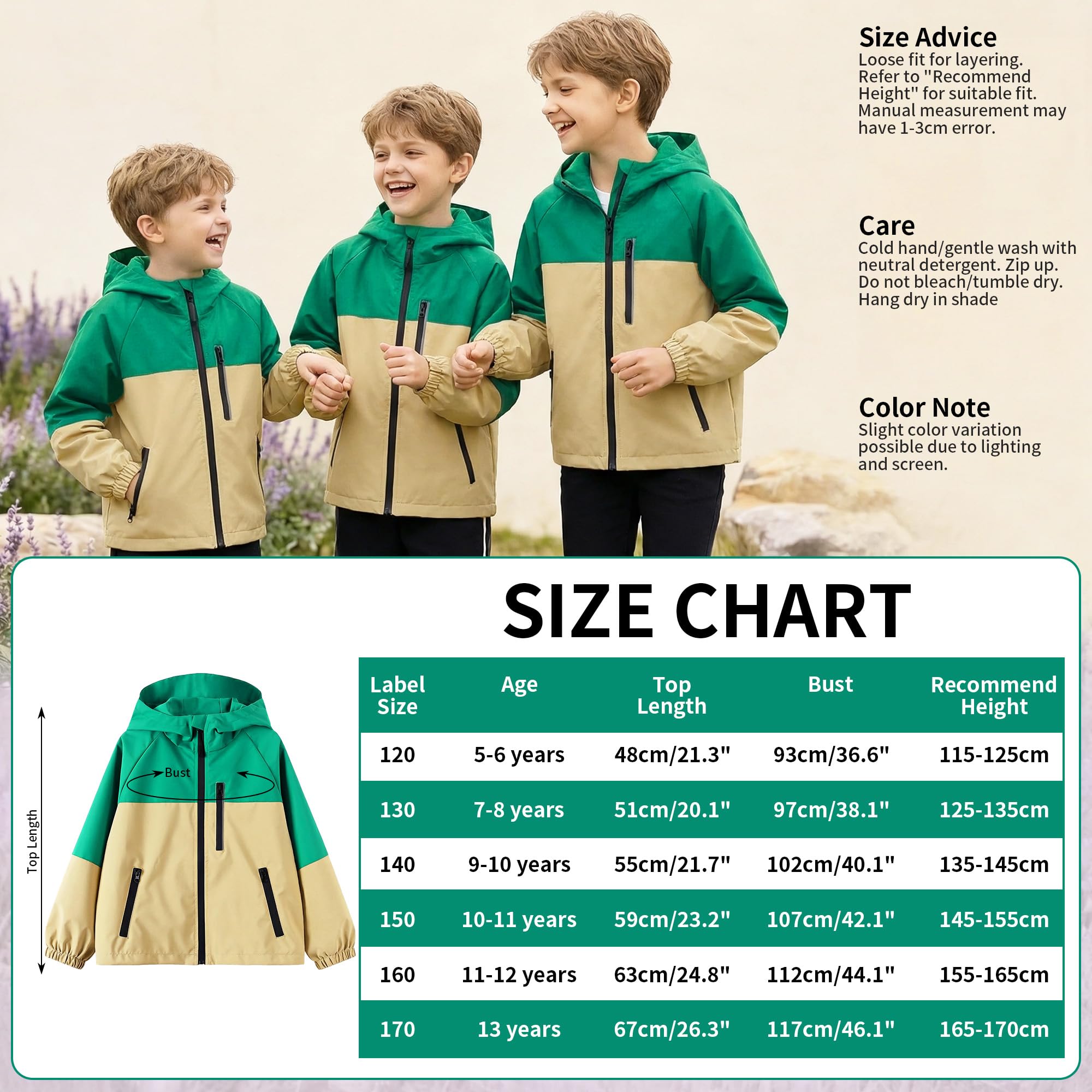 Chaqueta Impermeable Infantils, Chubasquero con Tiras Reflectantes y Bolsillos Cremallera, Ligero Cortavientos con Capucha, Ropa Abrigo Niñas Niños Exterior Escuela para Edad 5-13