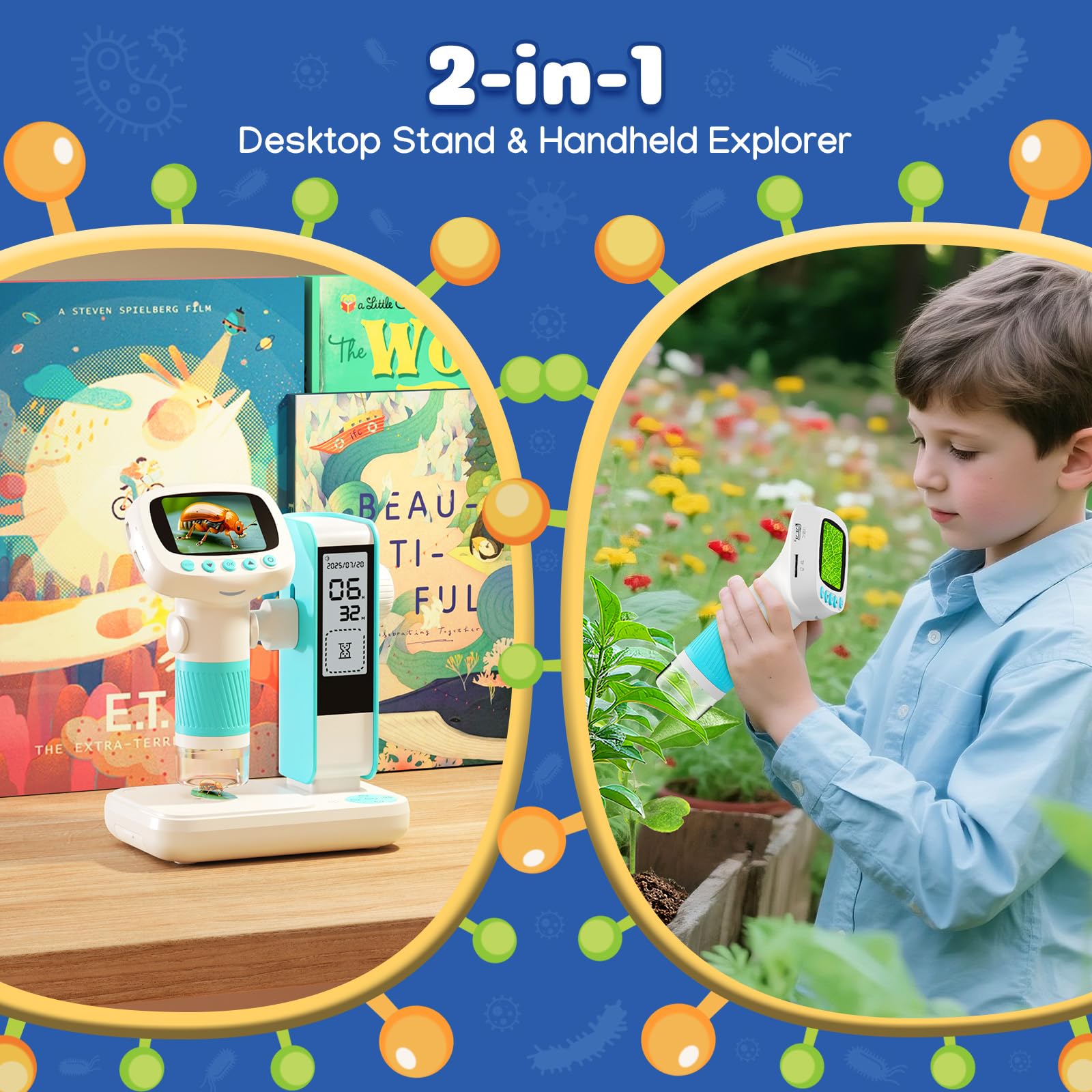 Leipan Microscopio digitale per bambini 2 in 1 con supporto per timer, ingrandimento 1000x, palmare/desktop, schermo IPS da 2", connessione USB PC, 12 vetrine, 8 LED, microscopio educativo da