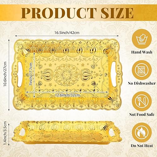 Miniatura 2 de LemonRoad Paquete de 6 bandejas de plástico doradas con asas de 17 x 11 pulgadas, retro, vintage, en relieve, rectangulares, reutilizables, para