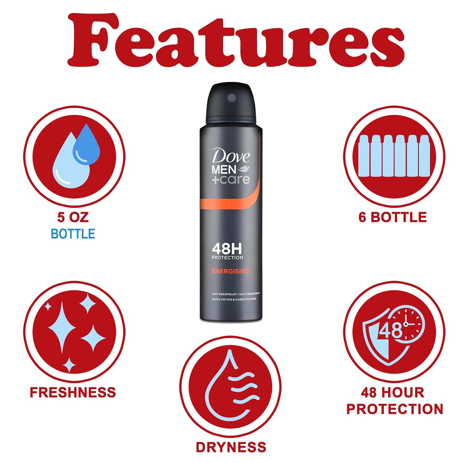 Dove Men + Care Antiperspirant Deodorant Spray, 6 Pack, Energising Mandarin Scent, Long Lasting 48 Hour Odor Protection, 5 oz. Each - Image 2