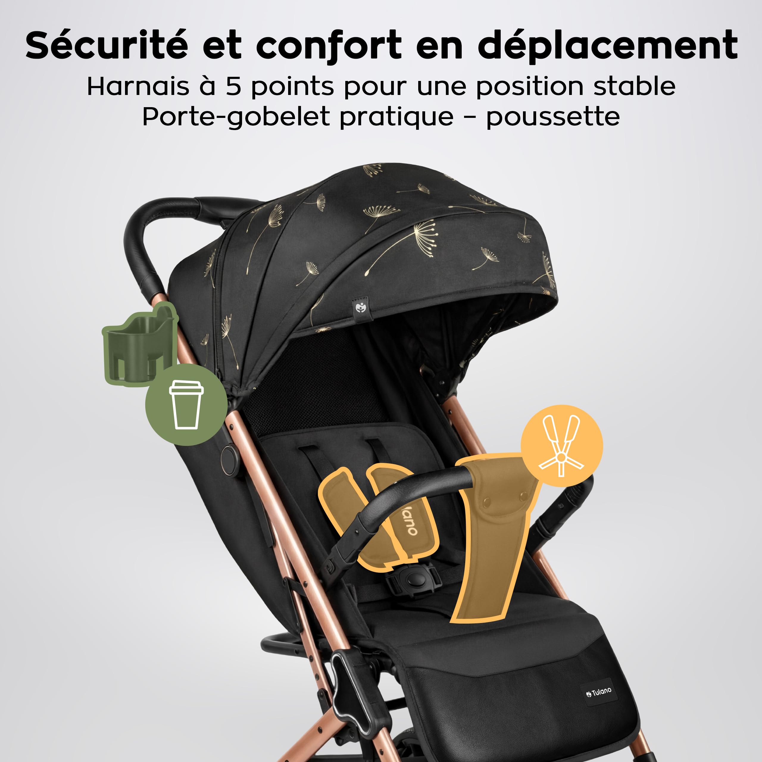 TULANO Lagos 35 Poussette Canne Compacte & inclinable - poussette bebe & voyage - Légère et Pliable - Jusqu'à 15 kg - Fonction Valise - Panier - Couvre-Jambes et Porte-Gobelet Inclus – Noir/Or