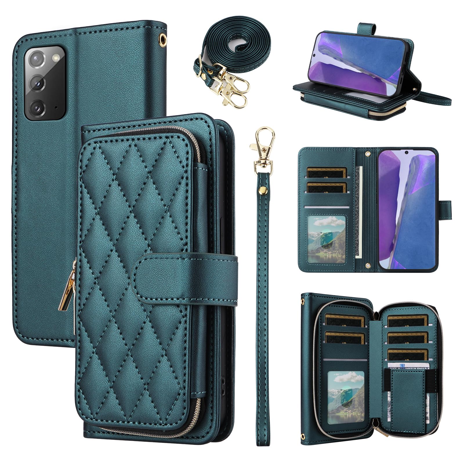Furiet Wallet Case for Samsung Galaxy Note 20 5G with Detachable Wrist Strap, 9+ Card Slots Zipper Purse, Luxury PU Leather Stand Full Body Phone