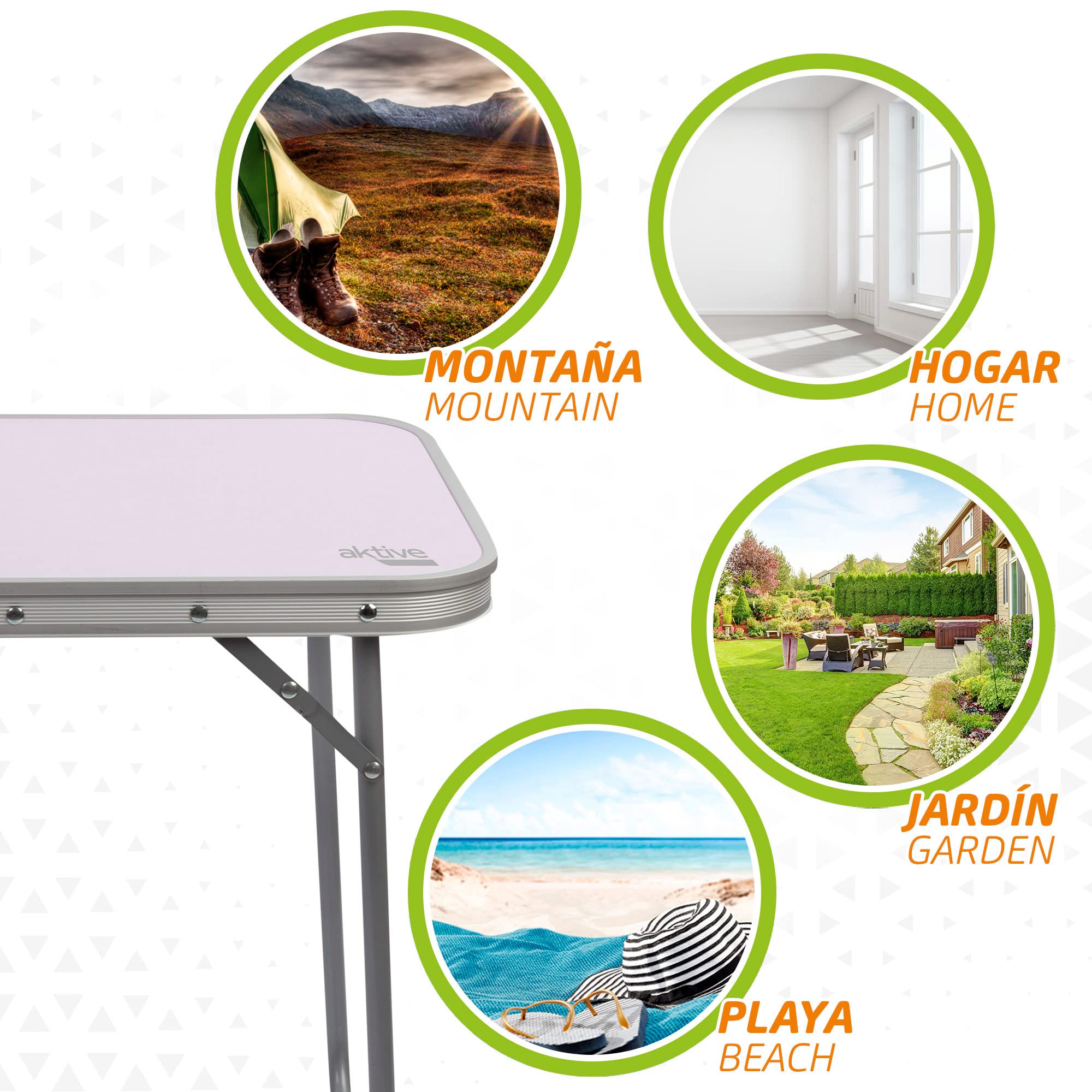 AKTIVE Mesa camping plegable, Mesa ligera, patas plegables, medidas 60x40x50 cm, madera MDF, estructura de acero, color malva, asa de transporte (52870)