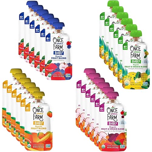 Once Upon a Farm | Organic Fruit & Veggie Blend Baby Sampler | Apple Blueberry, Pineapple Banana Kale, Mango, Apple Carrot Beet Ginger | Cold-Pressed | No Sugar Added | Dairy-Free Plant Based | Variety Pack of 24
