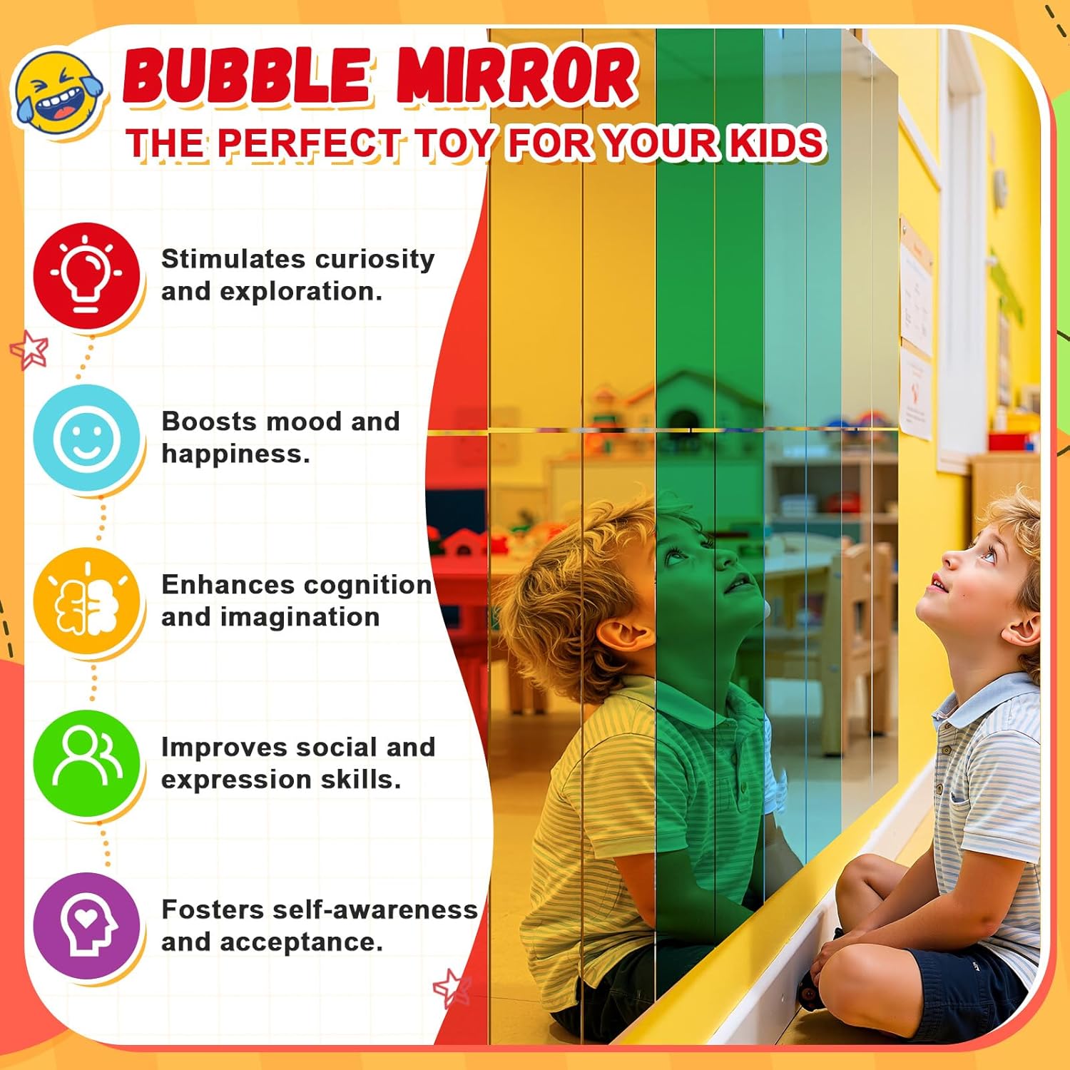 Geiserailie 20 Pcs 5 Color Square Sensory Wall Mirror Acrylic Bubble Mirror for Wall Decoration Toys for Kids Home or Classroom - Sensory Room Decor - Visual, Tactile Stimulation