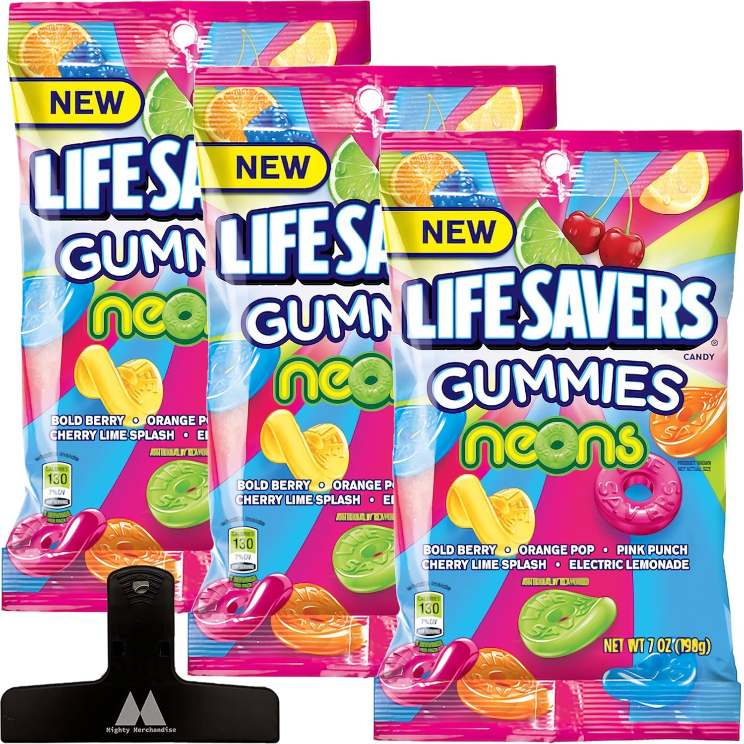 Mighty Merchandise Lifesavers Gummies - Neons - 3 Pack - 7 Ounces Per Bag Bag Clip