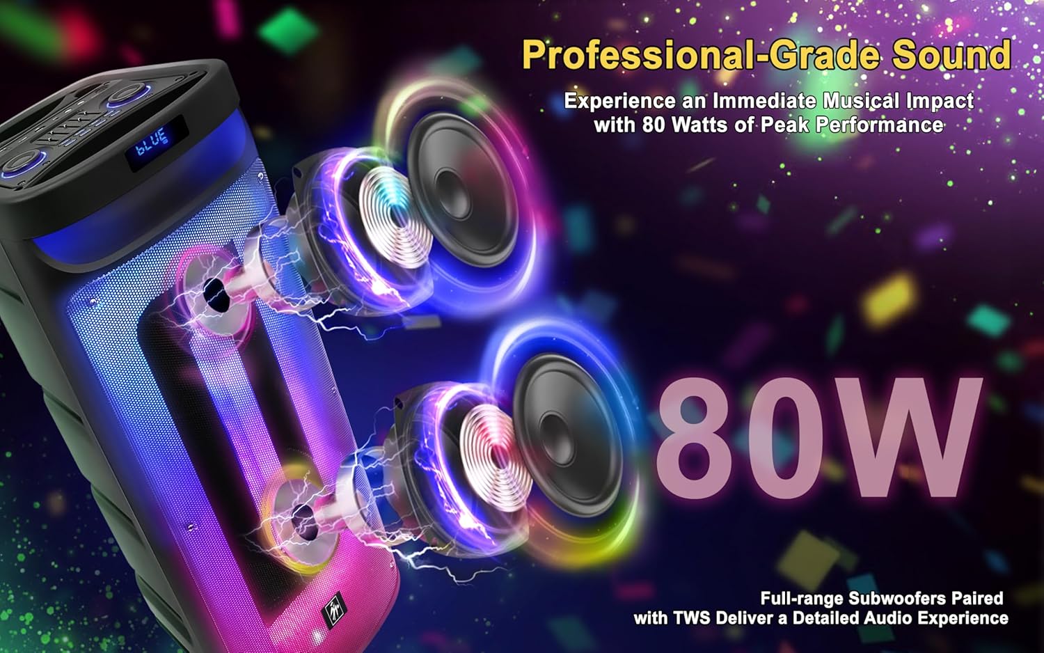 Fisher Bluetooth PA Stereo Speakers System-Karaoke Portable Wireless DJ, Dual 10" 80W Peak Power, Loud HD Sound & LED Lights, Rechargeable, TWS, 2 MIC Input, FM Radio, Subwoofer, Indoor/Outdoor Party