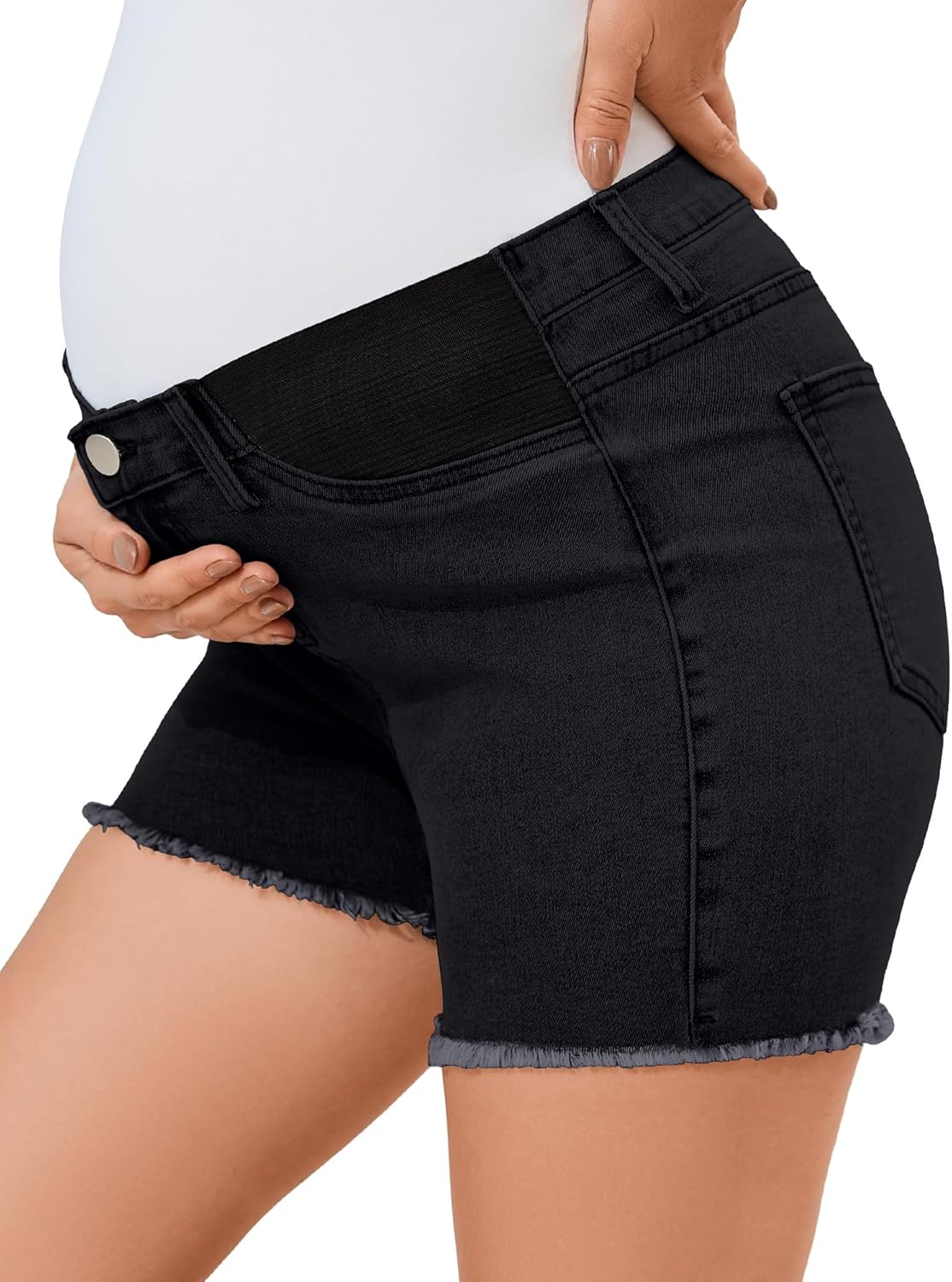 PACBREEZE Women's Maternity Mid-Rise Stretch Denim Shorts Trendy Soft Frayed Hem Pregnancy Shorts, S-XXL
