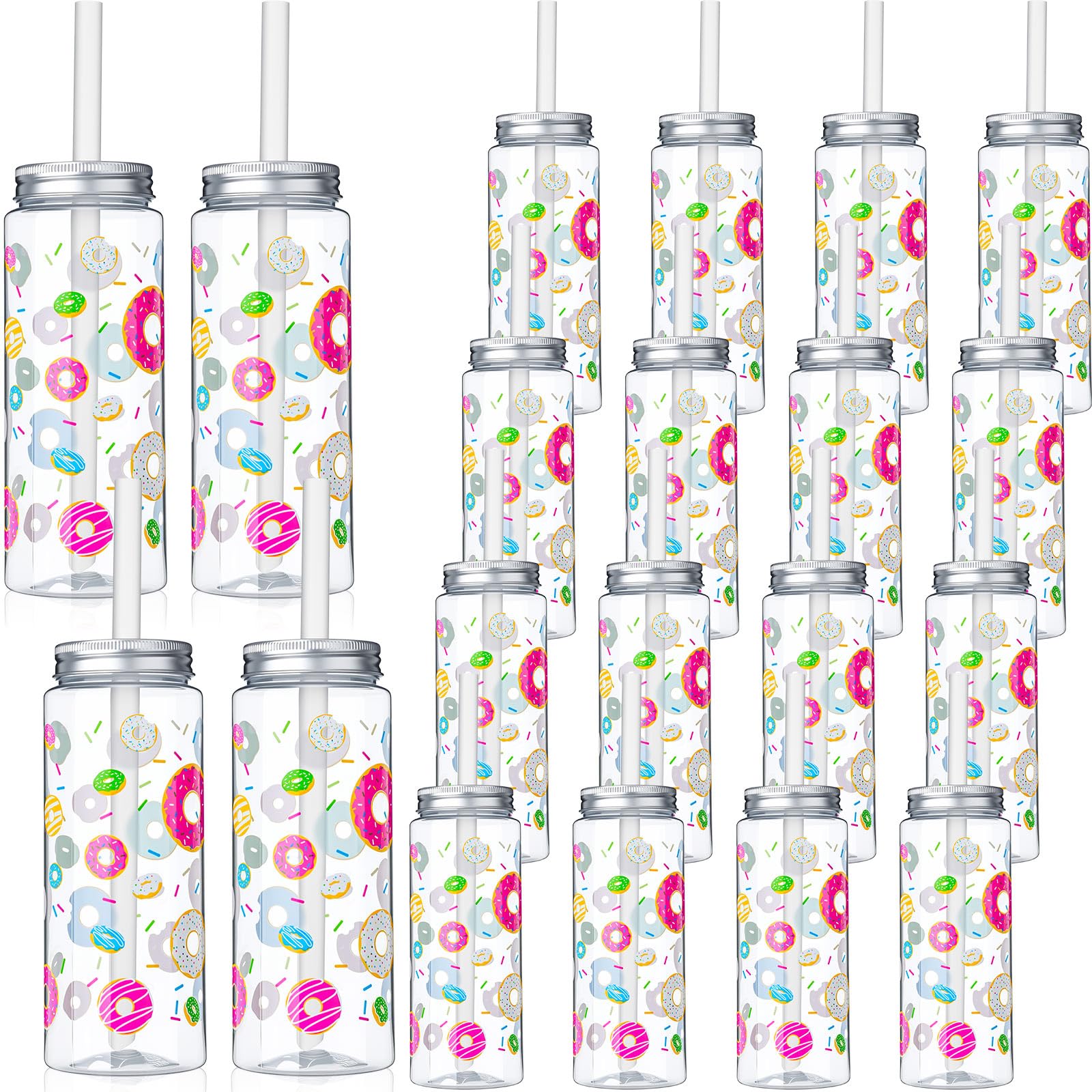 LemonRoad 24 Stück Kunststoffbecher mit Deckel und Strohhalm, 400 ml, wiederverwendbar, Motto-Party-Dekorationen, Becher, Bierdose, Eiskaffeebecher für adrette Party-Dekoration (Donut)