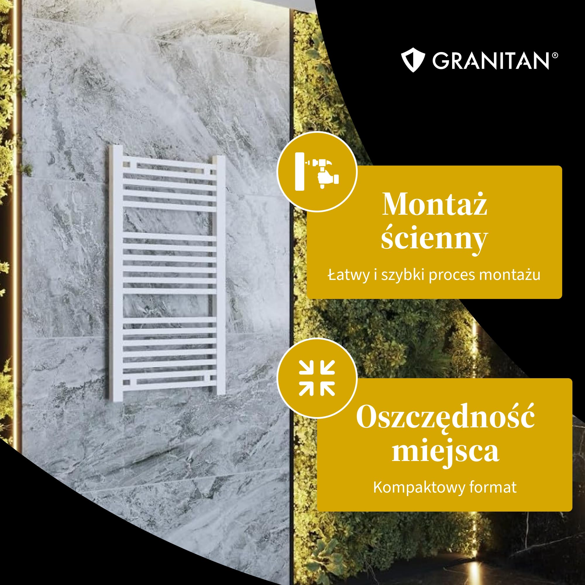 Granitan Grzejnik Łazienkowy BERGEN 60x40 cm, Biały, 206W | Grzejnik Łazienkowy Wodny, Ścienny grzejnik, drabinka do suszenia ręczników, podłączenie do centralnego ogrzewania