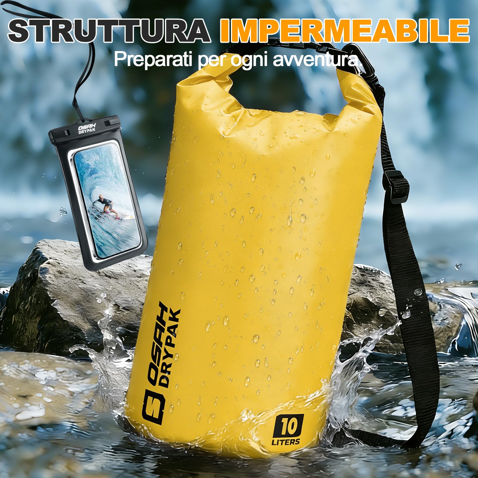 OSAH DRYPAK Dry Bag Borsa Impermeabile Mare 5L/10L/20L/30L/40L Sacca Impermeabile con Spallacci e Custodia Impermeabile per Telefono per Sport Acquatici, Kayak, Pesca, Campeggio