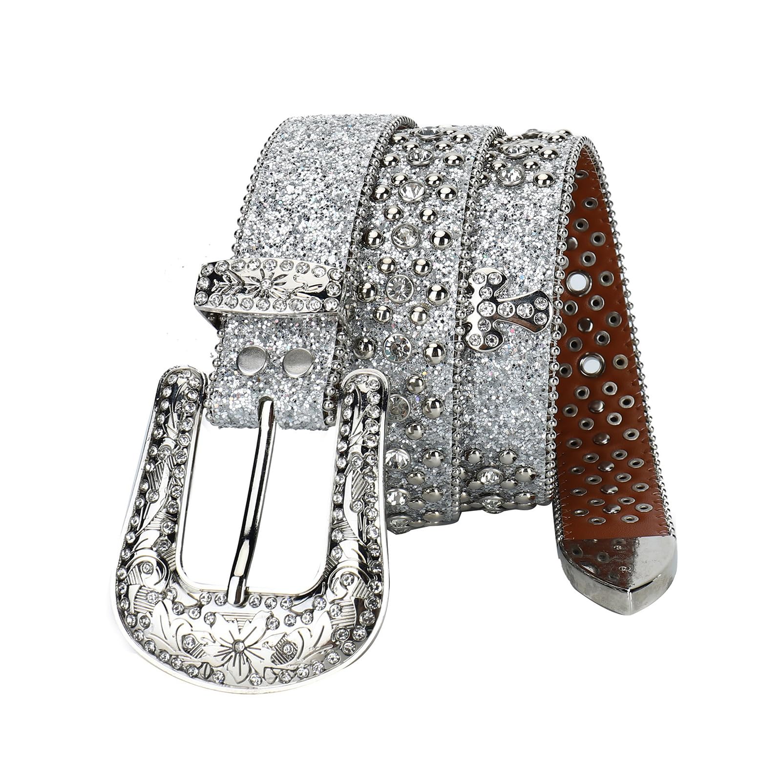 Silberner Funkelnder Nietengürtel Strass-Gürtel Unisex, Voll-Diamant Accessoire, Vintage Glitzer-Sequins Jeansgürtel Für Hosen & Kleider(115cm/45, Silver)