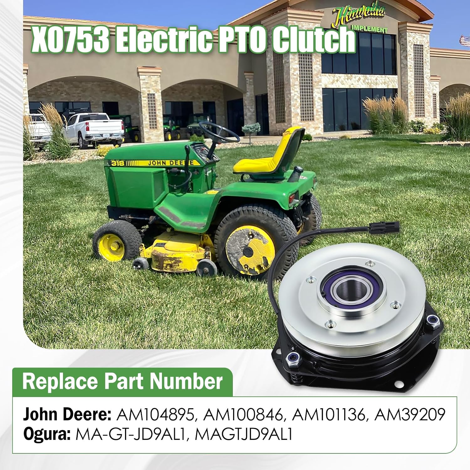 X0753 Electric PTO Clutch Fits for John Deere 316 317 318 322 330 332 Lawn & Garden Tractor, Replacement for John Deere AM104895 AM100846 AM101136 AM39209 Ogura MA-GT-JD9AL1 MAGTJD9AL1