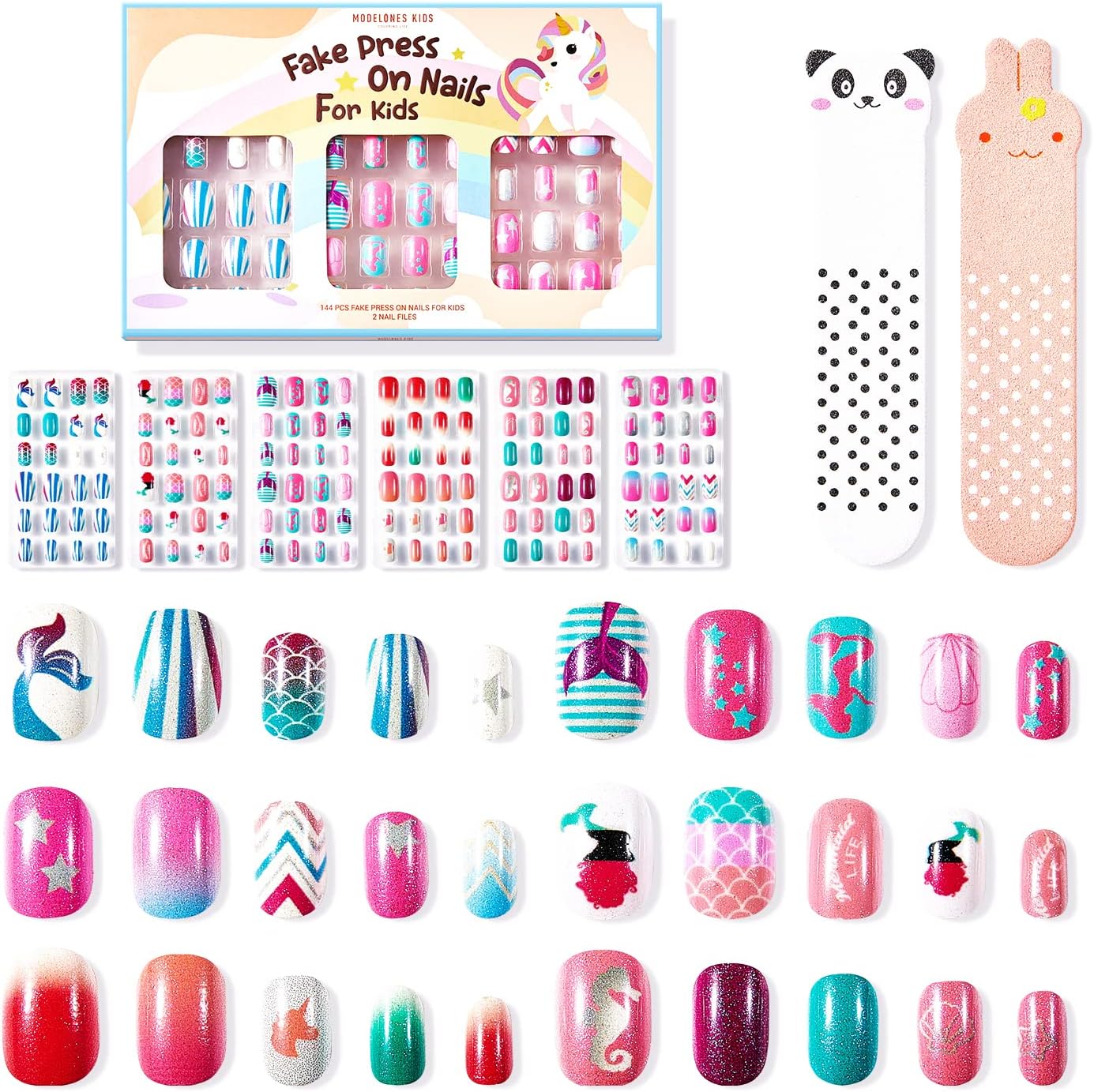 Press on Nails for Kids 144Pcs 6 Pack Children Acrylic Fake Nails Pre-glue Full Cover Glitter Color Mermaid Beach Short False Nail Art Kits Sets Thanksgiving Christmas Gifts for Girls