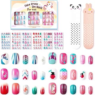 Modelones Press on Nails for Kids 144Pcs 6 Pack Children Acrylic Fake Nails Pre-glue Full Cover Glitter Gradient Color Mermaid Beach Short False Nail Art Kits Sets Christmas Gifts for Kids Girls