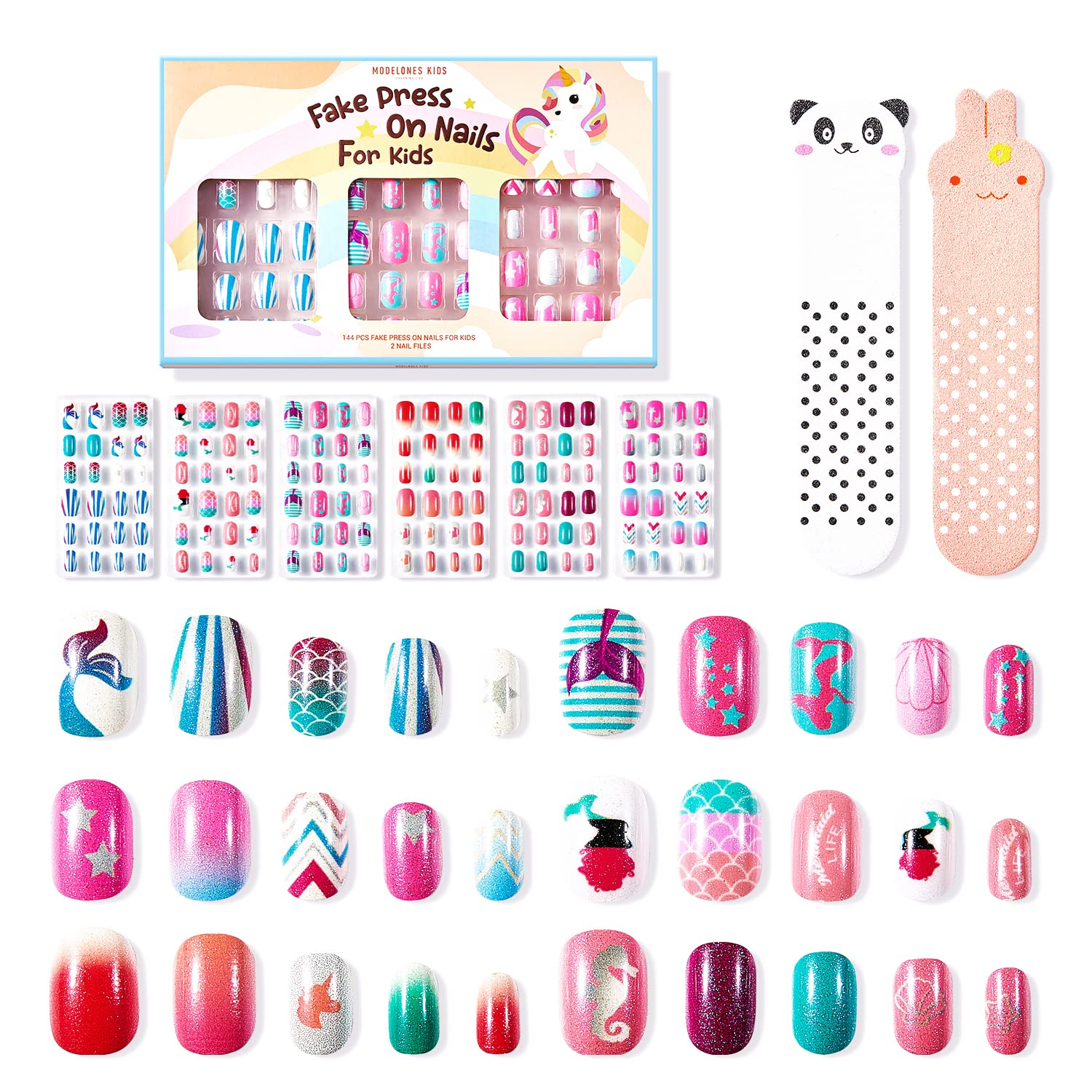 Modelones Press on Nails for Kids 144Pcs 6 Pack Children Acrylic Fake Nails Pre-glue Full Cover Glitter Gradient Color Mermaid Beach Short False Nail Art Kits Sets Christmas Gifts for Kids Girls