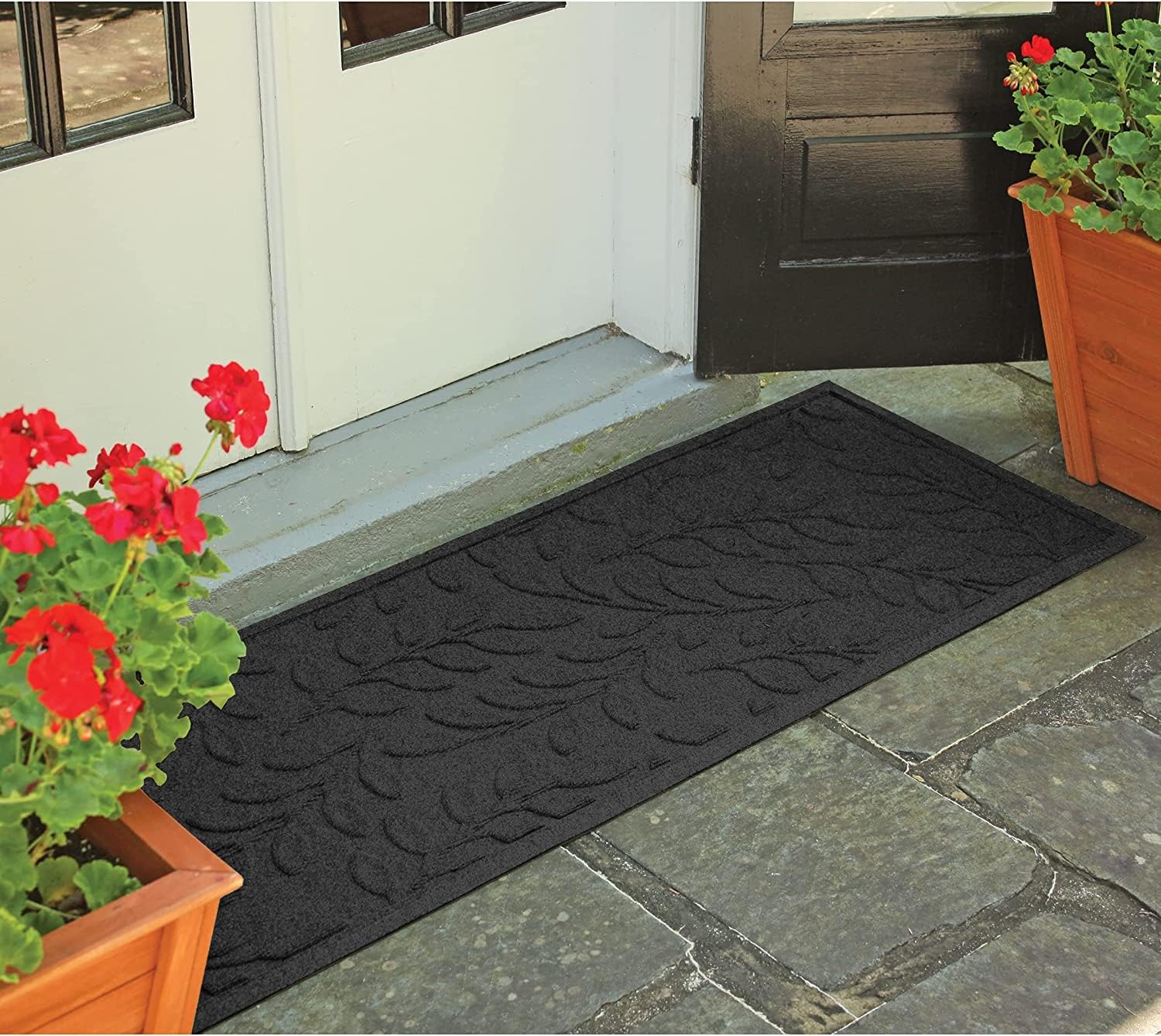 WaterHog Welcome Mat for Indoor/Outdoor, 2’ x 5’, Made in USA, Durable & Water-Resistant, Dirt Trapping Mat, Decorative Front Door and Entryway Rug, Brittney Leaf Design, Charcoal
